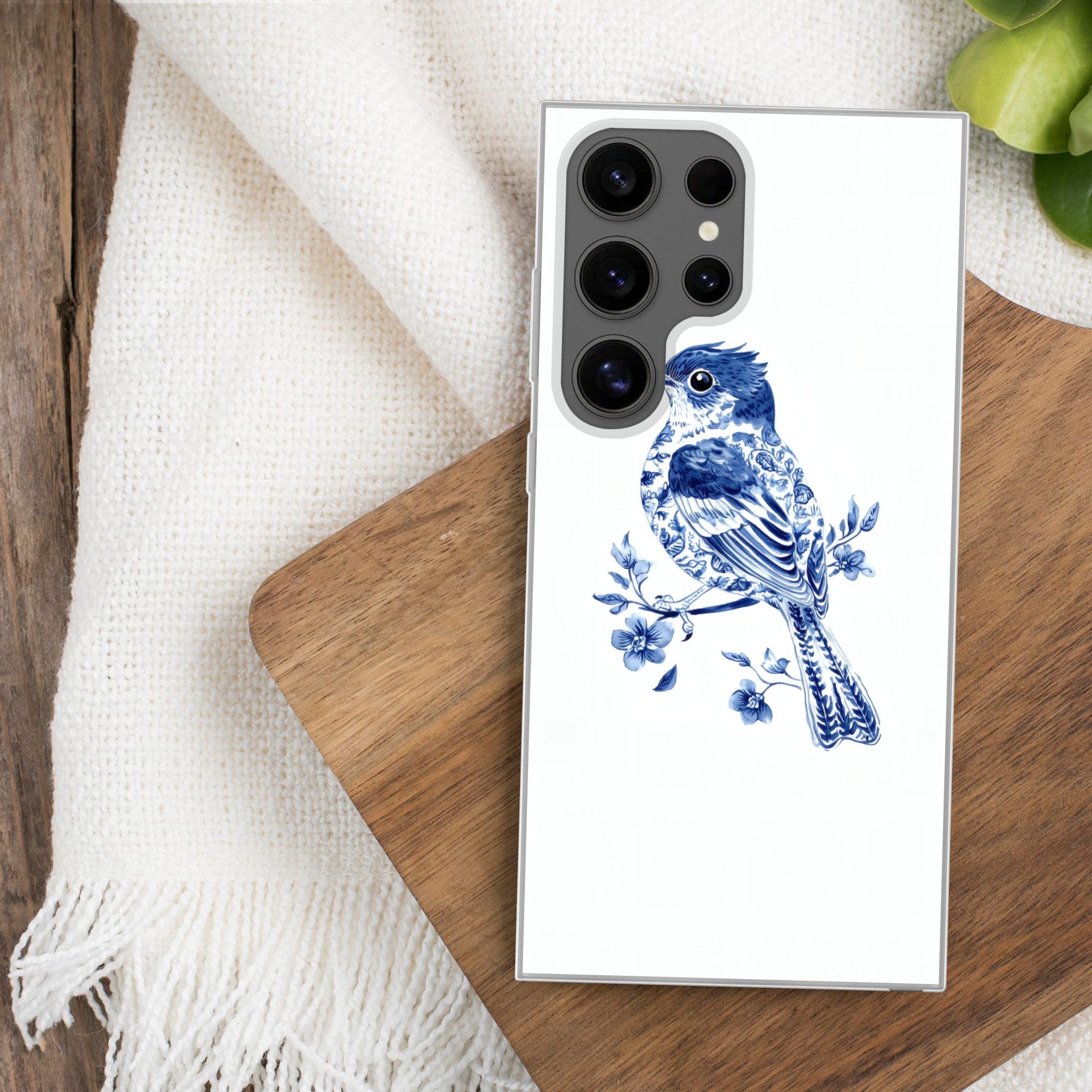 MuchoWow Handyhülle für Samsung Galaxy S24 Ultra Vogel - Delfter Blau - Illustration - Blu, Phone Case, Silikon, Schutzhülle Dünn