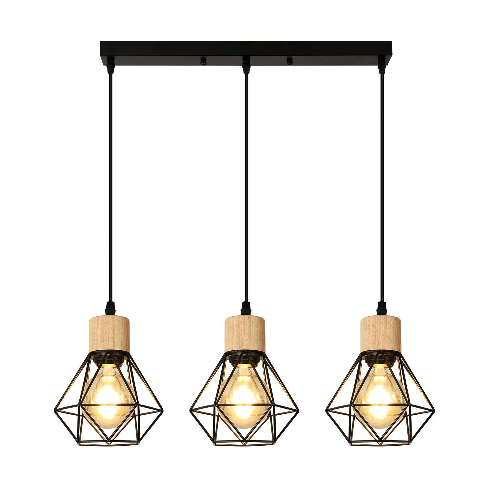 Riserva Hängeleuchte Hängelampe Vintage 3-flammig Schwarz/Holz E27 für Esstisch