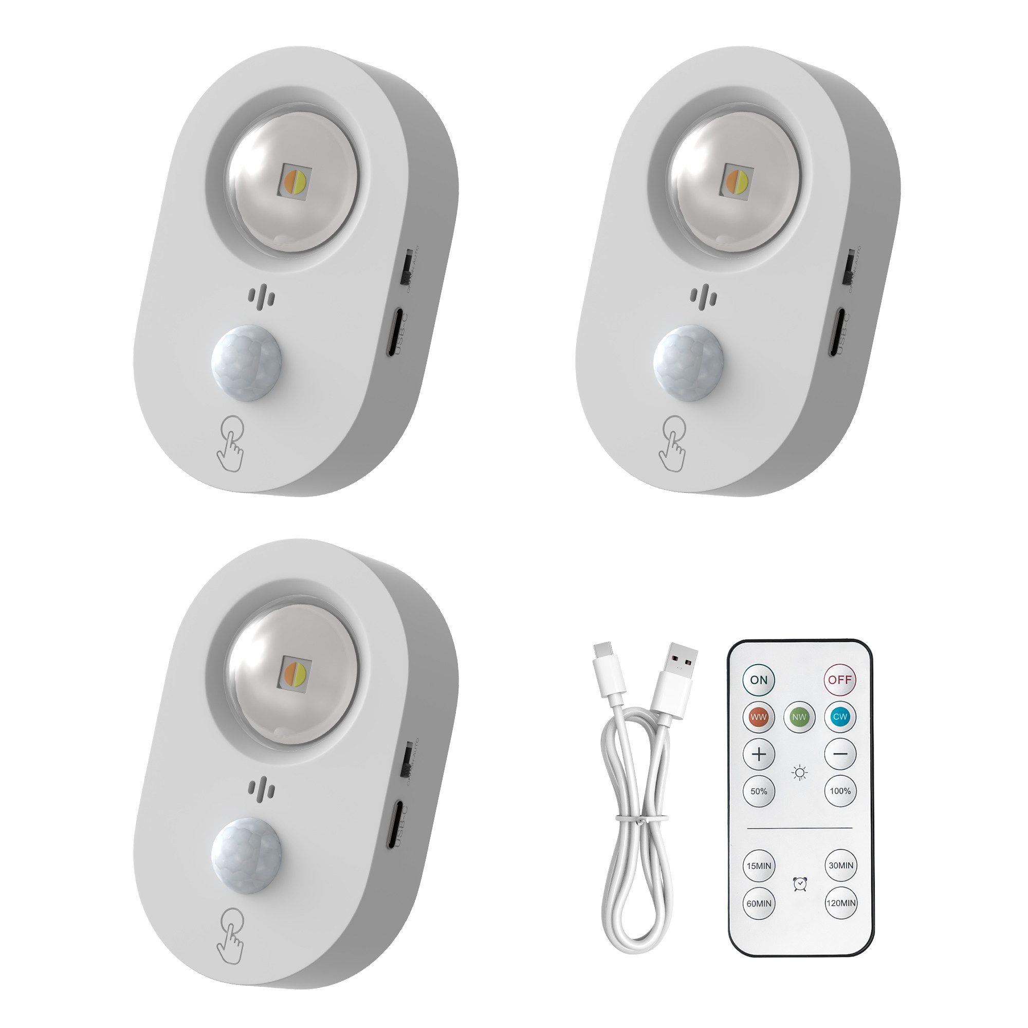 LOHAS-LED Schrankleuchte 3er Set wiederaufladbare LED Schrankleuchten mit Bewegungsmelder, LED fest integriert, Warmweiß, Tageslicht, Kaltweiß, 65mm Katzenauge, dimmbar per Fernbedienung, 750mAh USB-C Akku