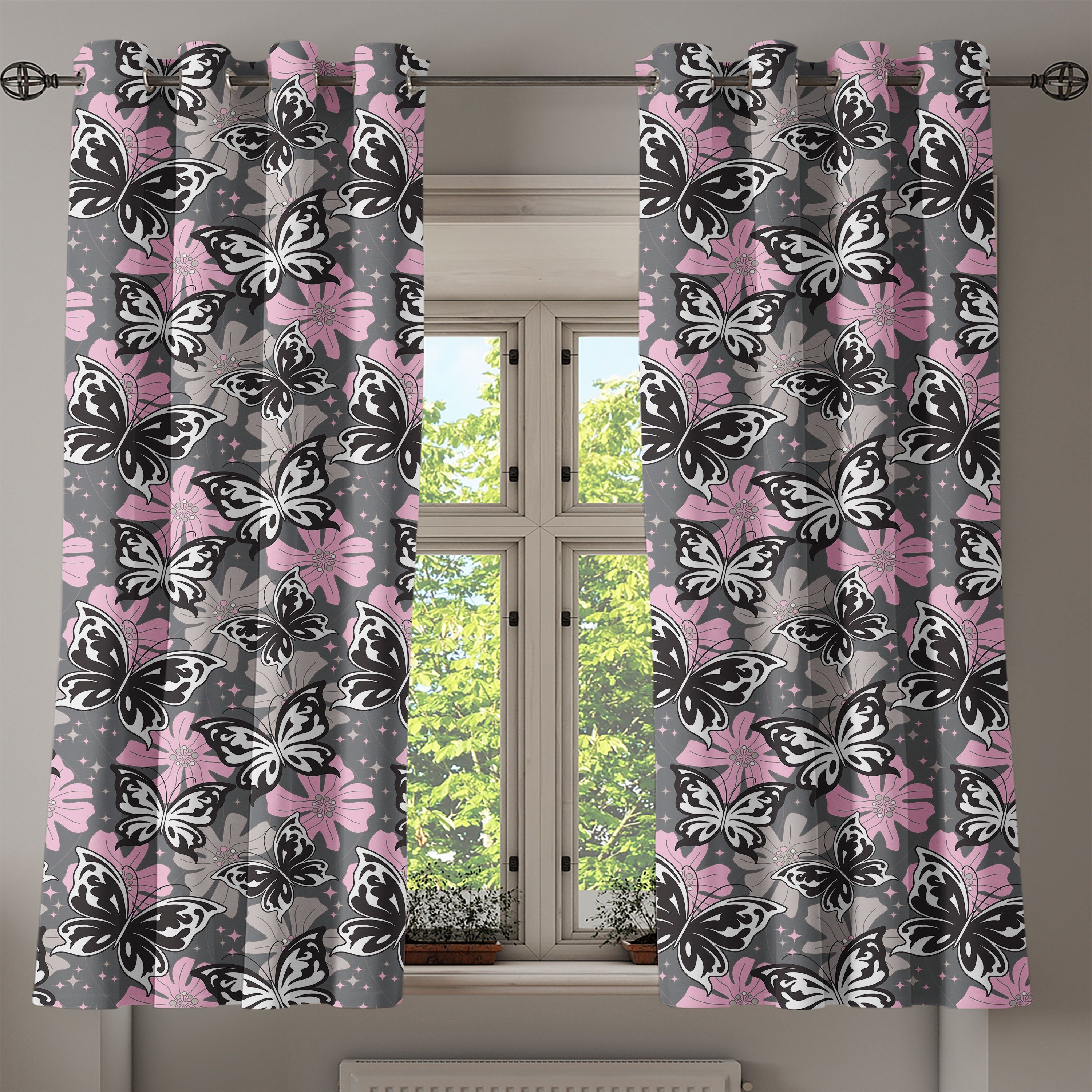 Schmetterling Abakuhaus, Wohnzimmer, Romantischer Schlafzimmer Sommer für Dekorative Gardine 2-Panel-Fenstervorhänge