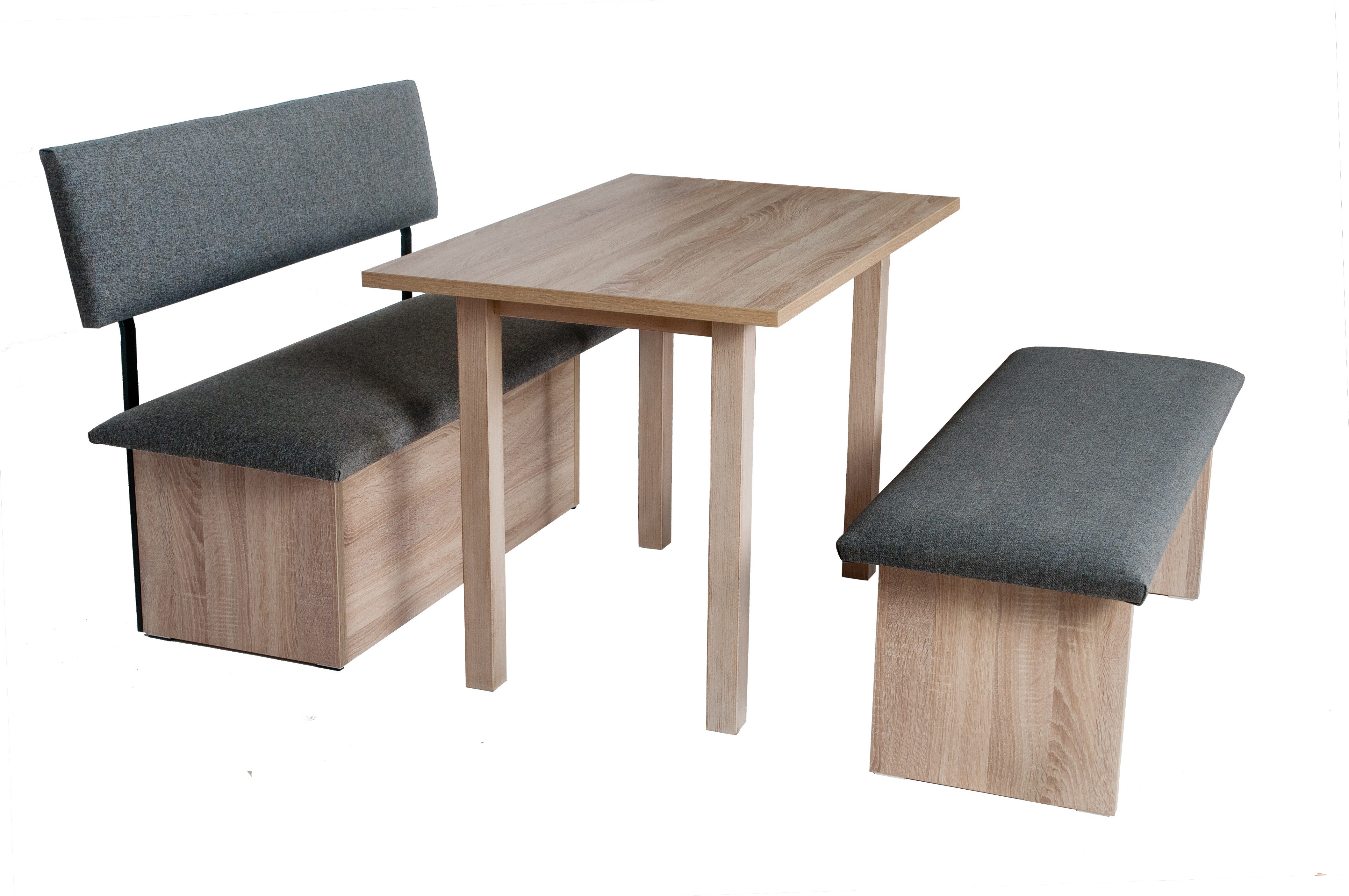 kundler home Essgruppe Sitzbank mit Truhe, Bank gepolstert, L125cm, 4-Fuß-Tisch Set 3-tlg., bestehend aus 1 Esszimmerbank mit Stauraum, 1 Sitzbank, 1 Esstisch