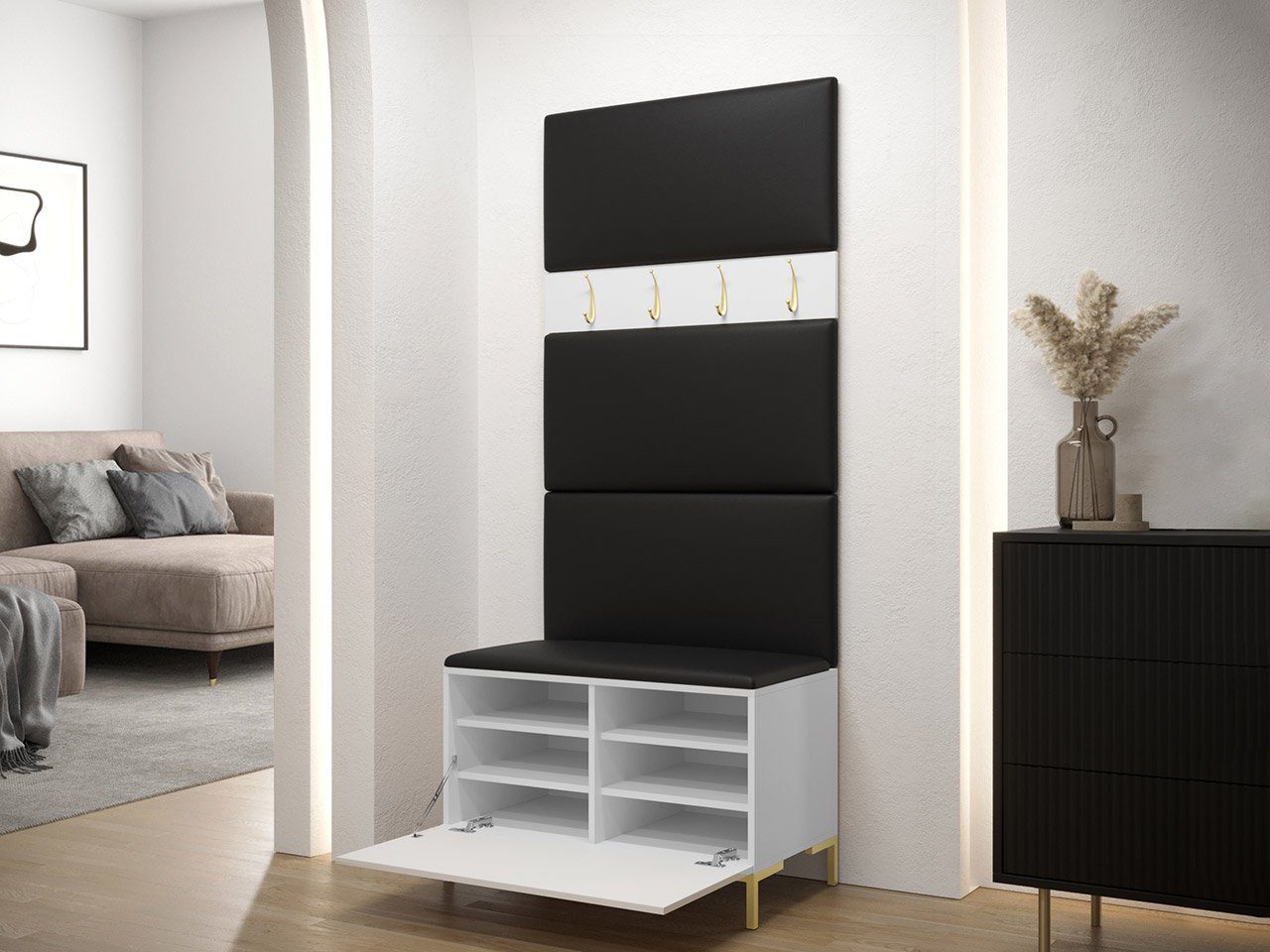 MIRJAN24 Garderoben-Set Zilion III, (Komplett-Set, Schuhschrank, Kleiderhakenbrett, Gepolstertes Paneel 4x 84x42), Auswahl aus Fronten und Polsterplatten