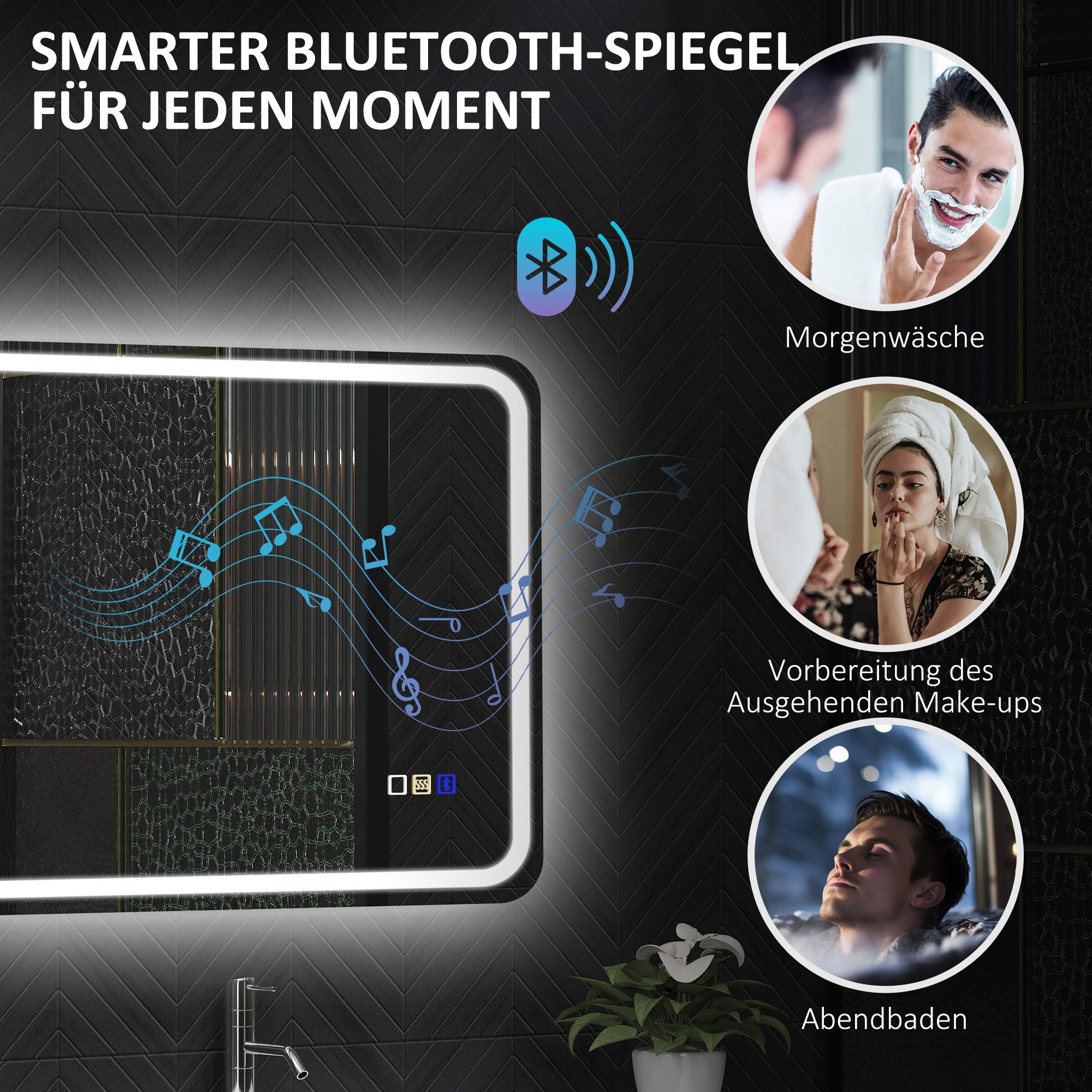 HOMCOM Badspiegel Badspiegel mit Beleuchtung, LED Spiegel, Bluetooth-Musikfunktion (Wandspiegel mit Touchschalter Memory-Funktion, 1-St., Lichtspiegel Beschlagf – Bild 5 von 5