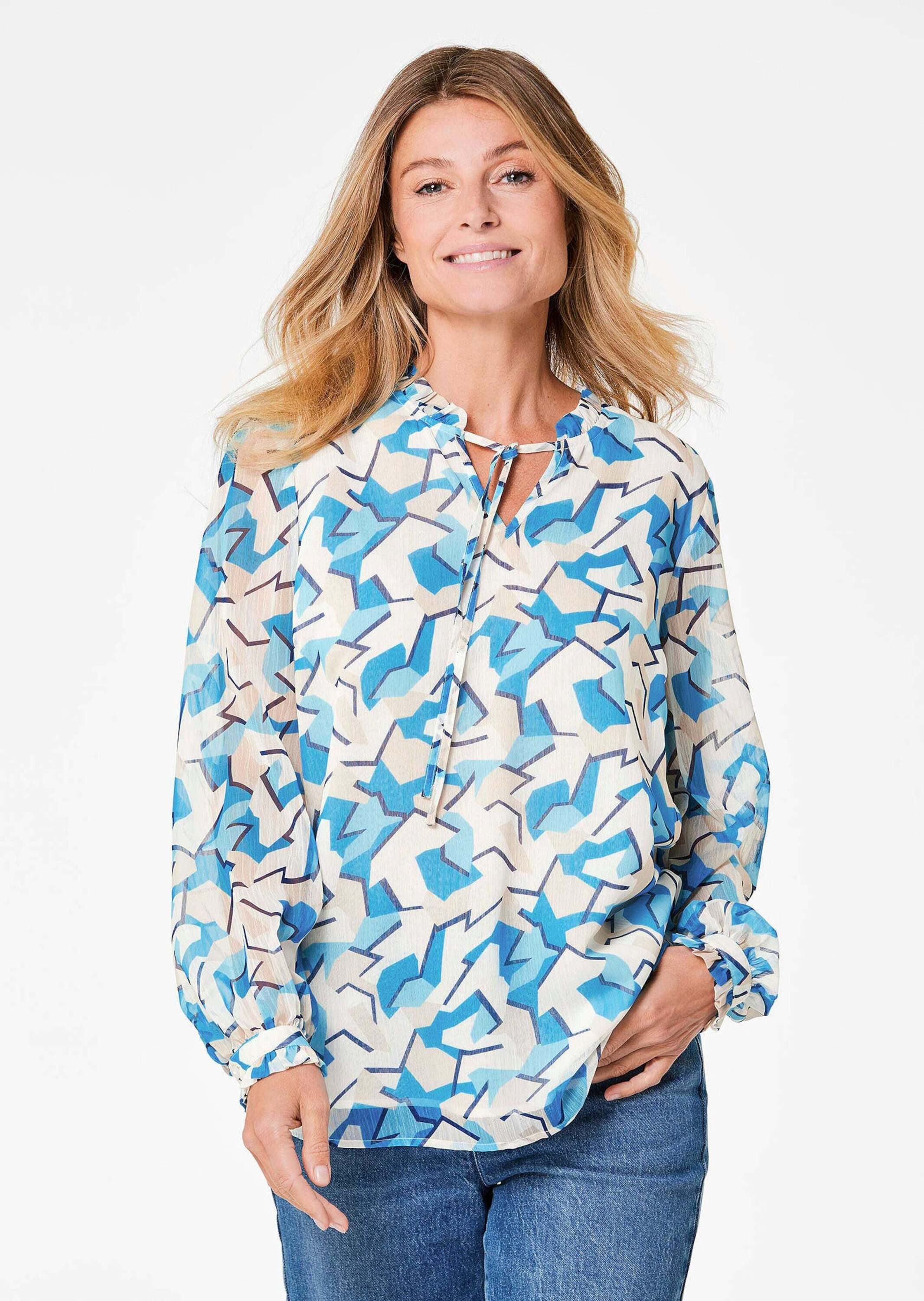 GOLDNER Chiffonbluse Chiffonbluse mit Rüschen und Bindeband Gemustertes Design mit femininem Ausschnitt und Bindeband