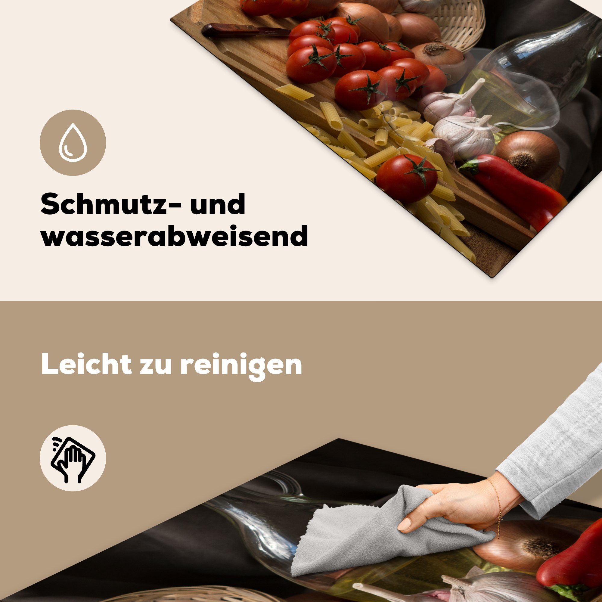 Ceranfeldabdeckung Induktionskochfeld (1 - küche, Vinyl, für -, cm, Schutz - Gemüse - Tomate Stillleben Aus tlg), 81x52 - die Schneidebrett MuchoWow Herdblende-/Abdeckplatte Pasta -