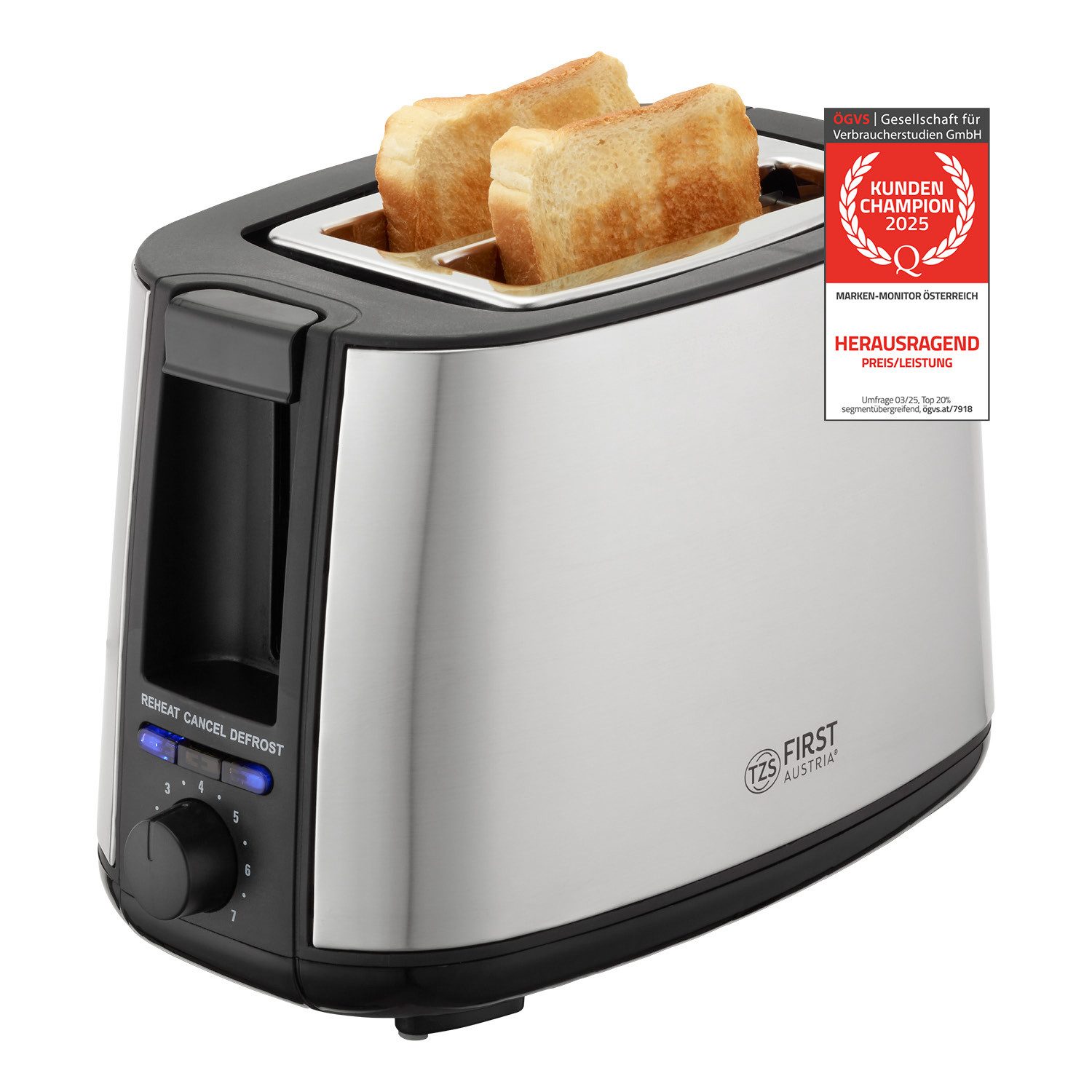TZS FIRST AUSTRIA Toaster 2 Scheiben, Selbstzentrierfunktion, 7 Bräunungsstufen, 650-750W, für, 750 W, Auftau- und Aufwärmfunktion, Brötchenwärmer, Schwarz/Edelstahl