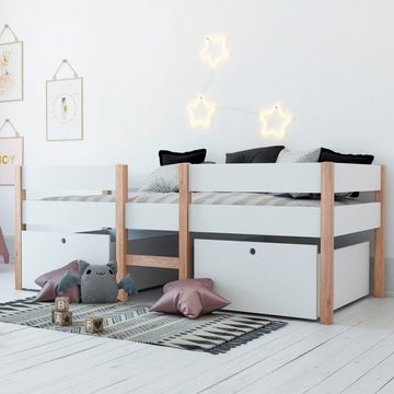 Homestyle4u Hochbett Kinderbett 90x200 mit 2 Bettkästen Lattenrost Weiß