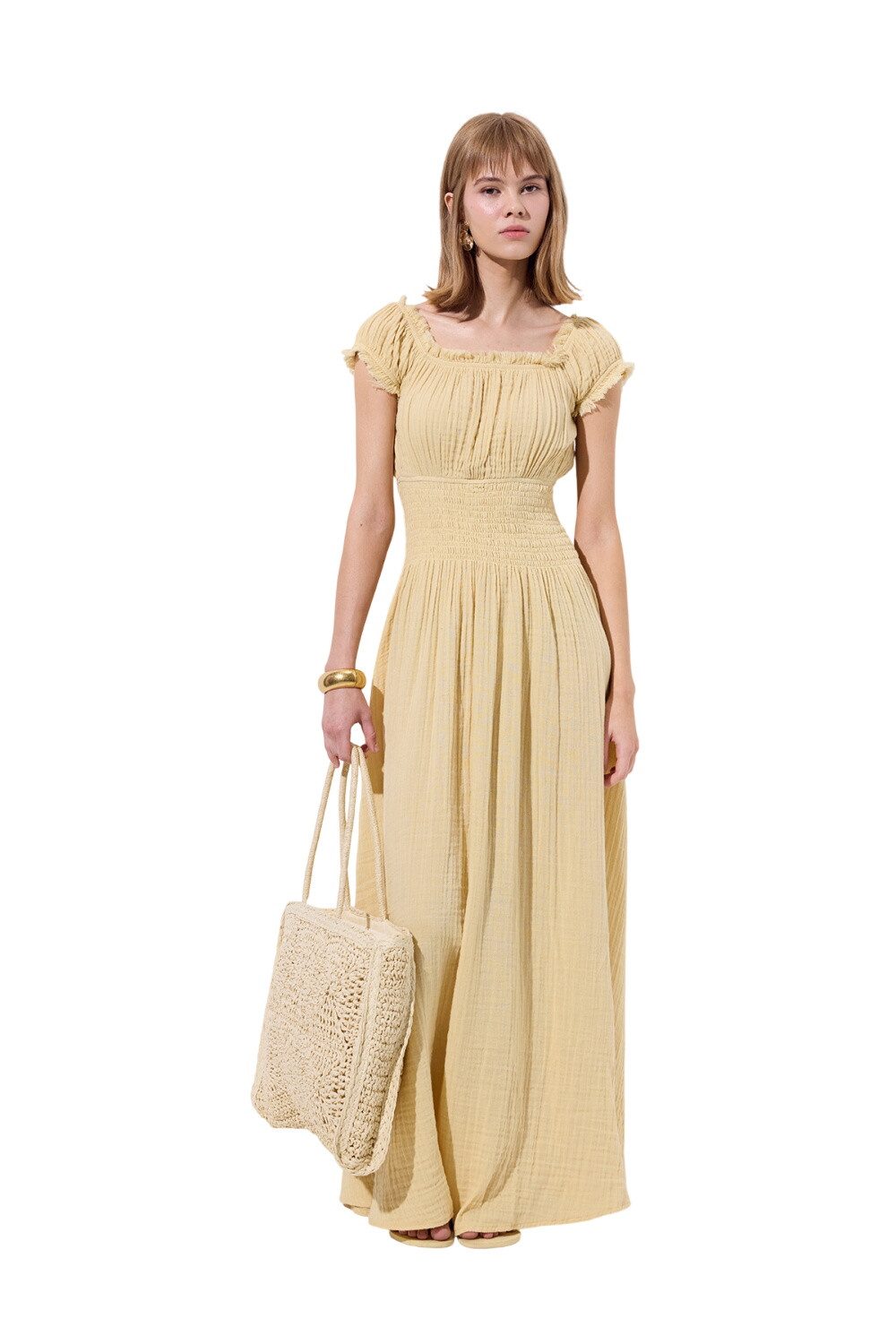 MANUKA Midikleid Rüschenkleid aus Musselin, beige