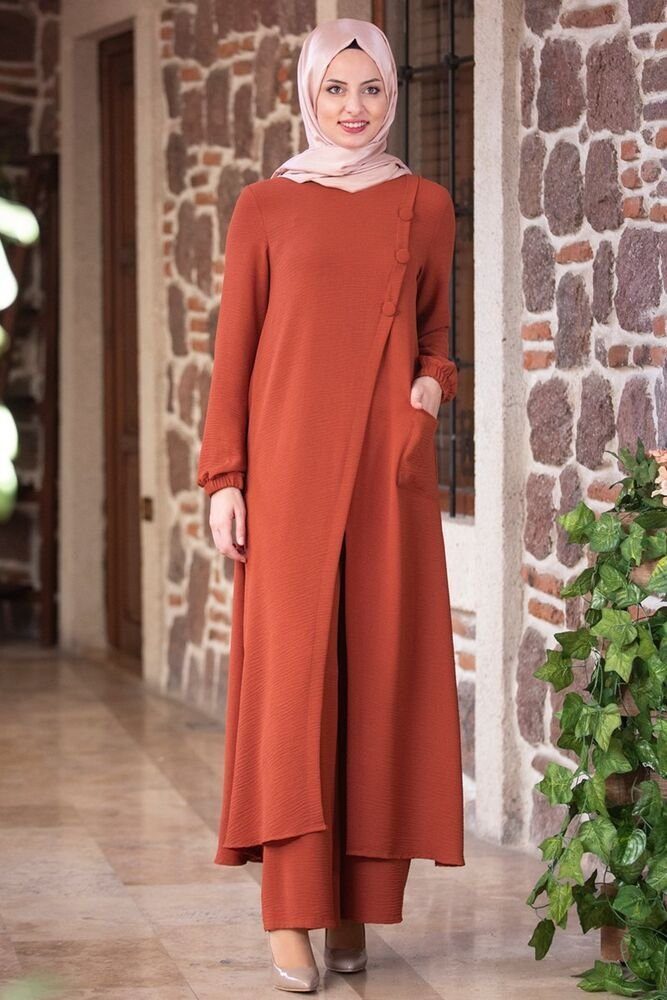 Modavitrini Tunikakleid Longtunika mit Damen Hose Hijab Aerobin Zweiteiler Anzug Kleidung Ziegelsteinrot Stoff