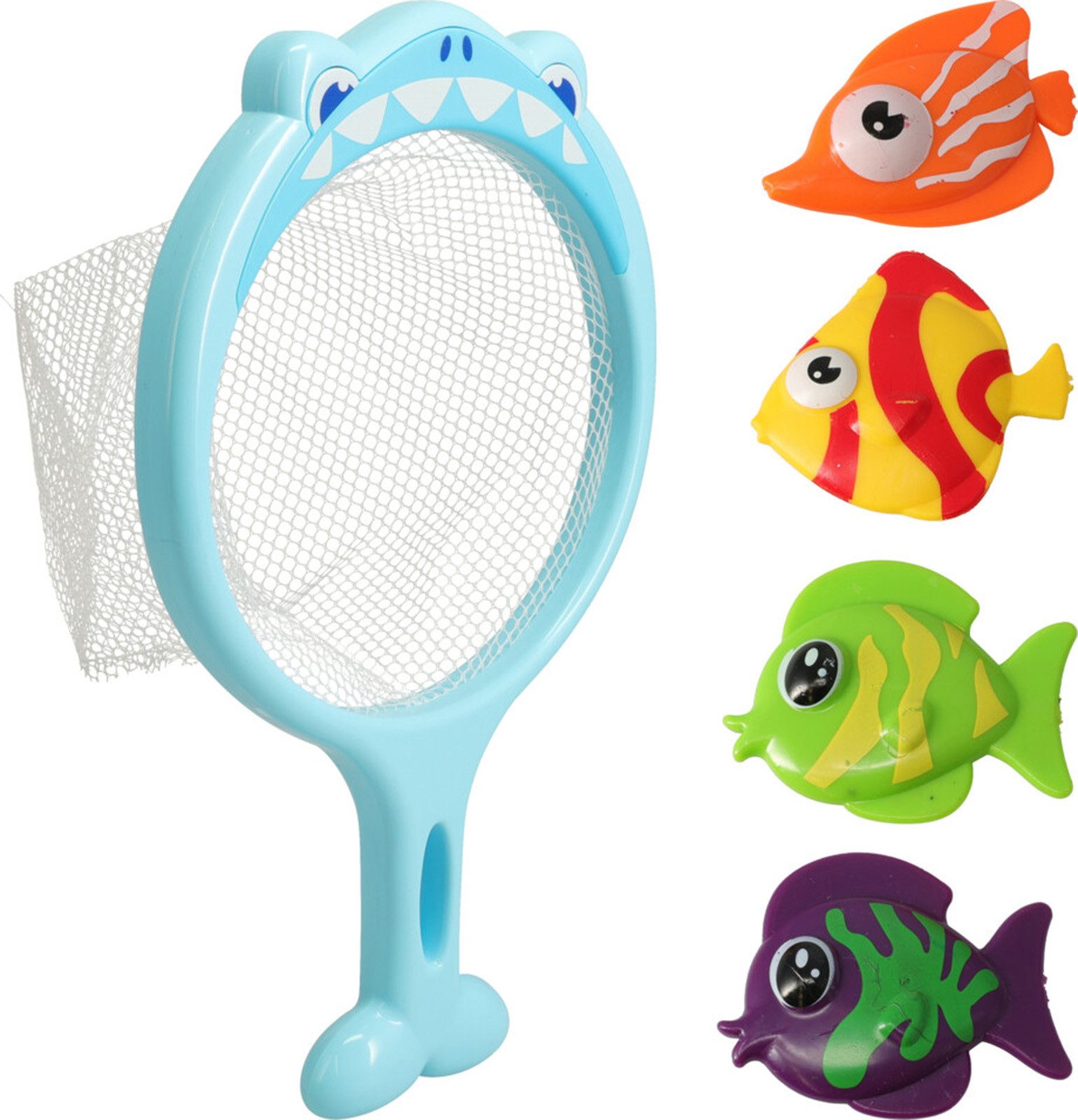 Koopman Wasserspielzeug Fischfangspiel Kescher Kinderspiel Fische fangen, Kunststoff, (5-tlg) 5tlg, 4 Fische, Kescher, Wasserspiel, Fangspiel