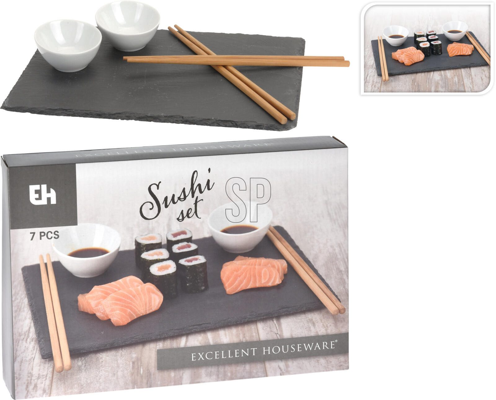 Koopman Суши тарелка Grau, (7 St), 7tlg, Essstäbchen, Sushi Set, Dipschalen, Schieferteller 30x20cm