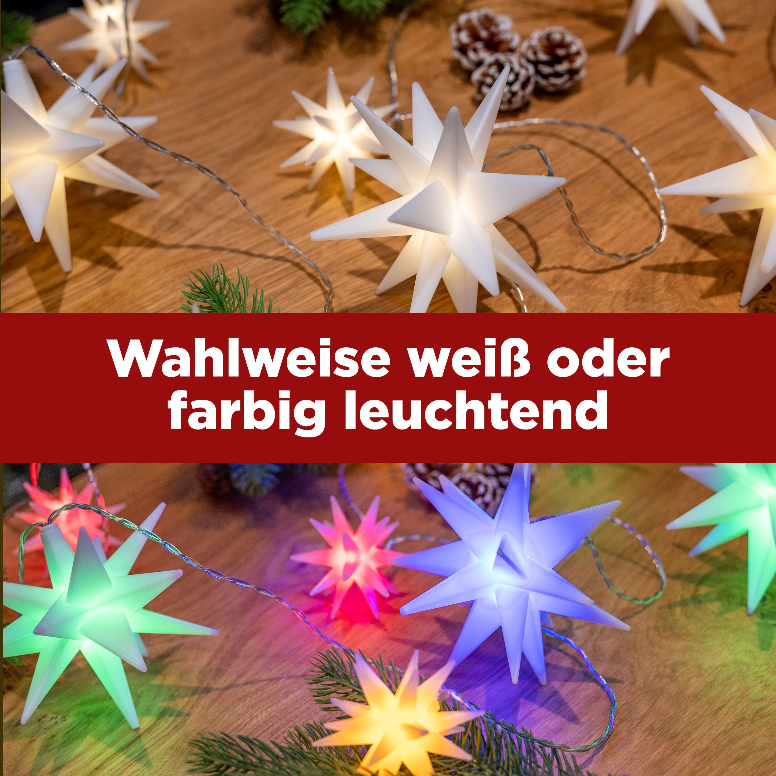 IC Winterworld LED-Lichterkette LED Sternen-Lichterkette, leuchtet warm-weiß oder bunt, Fernbedienung, Lichtmodi + dimmbar, 5 große & 5 kleine Sterne