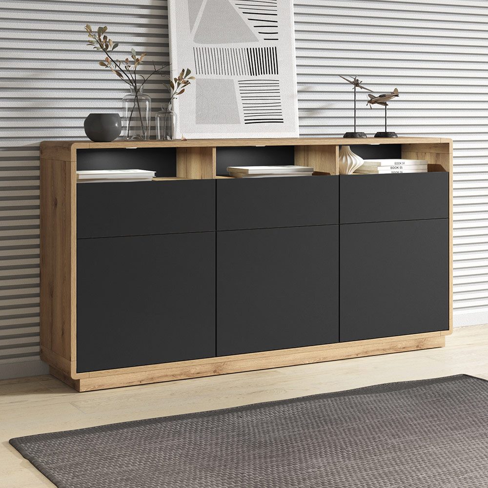 Lomadox Sideboard ALBANY-83, Taurus Eiche Nb. mit Absetzungen in schwarz matt 180/96/40 cm