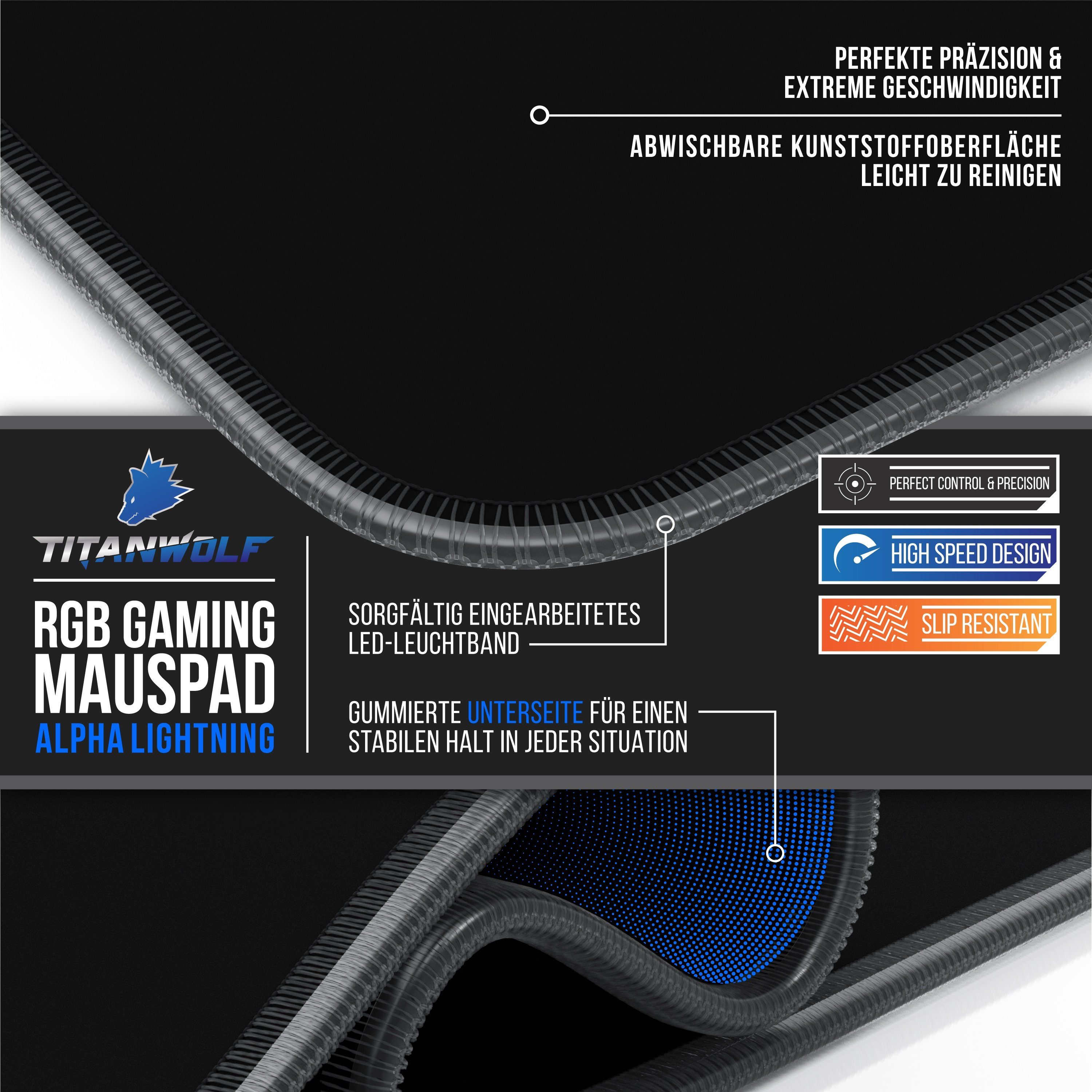 Titanwolf Gaming Mauspad RGB Mousepad 900 x 400 x 3 mm, LED Multi Color XXL Tischunterlage (1-St), rutschfest, abwaschbar, Geschwindigkeit & Präzision, schwarz – Bild 5 von 5