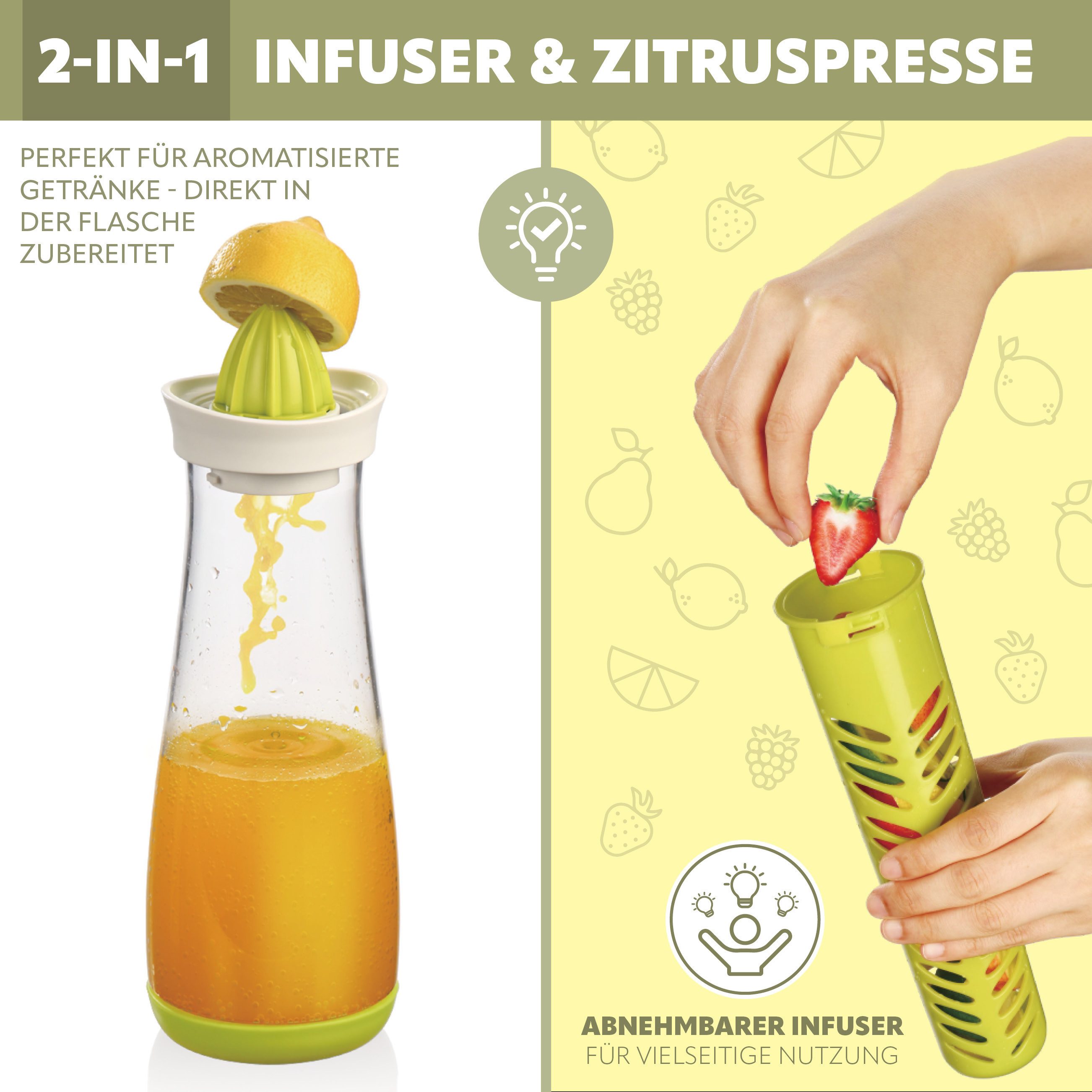 bremermann Karaffe mit Infuserstab, 1.1 Liter aus Kunststoff, grün, (1-tlg), Infuserstab und Zitruspresse