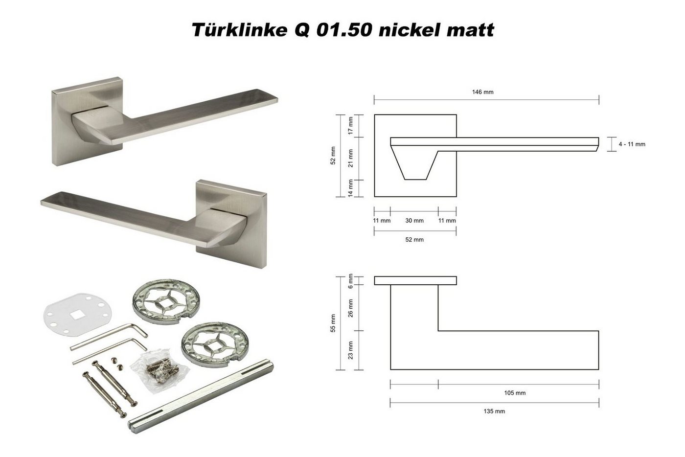 Thumbnail - Hexim Drückergarnitur Türklinke Q01.50 nickel matt, Zimmer Türgriff WC / Bad Aluminium matt in 4 Farben - Ricardo Borell...