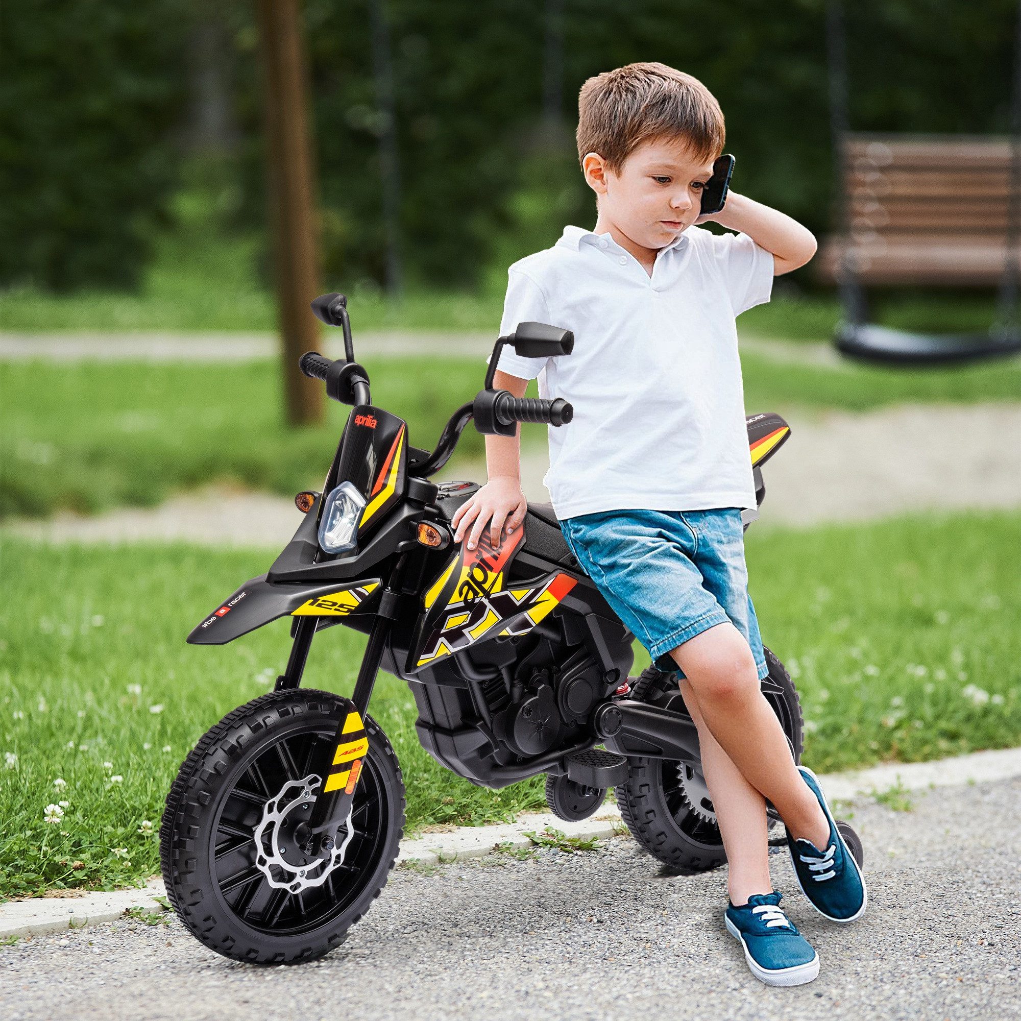 AIYAPLAY Elektro-Kindermotorrad 12V, mit Musik, 6 km/h, mit abnehmbar Trainingsrädern, Belastbarkeit 30 kg, (1-tlg), 12 Zoll Kunststoffreifen, für 3-8 Jahre Kinder, max. 30 kg, Weiß