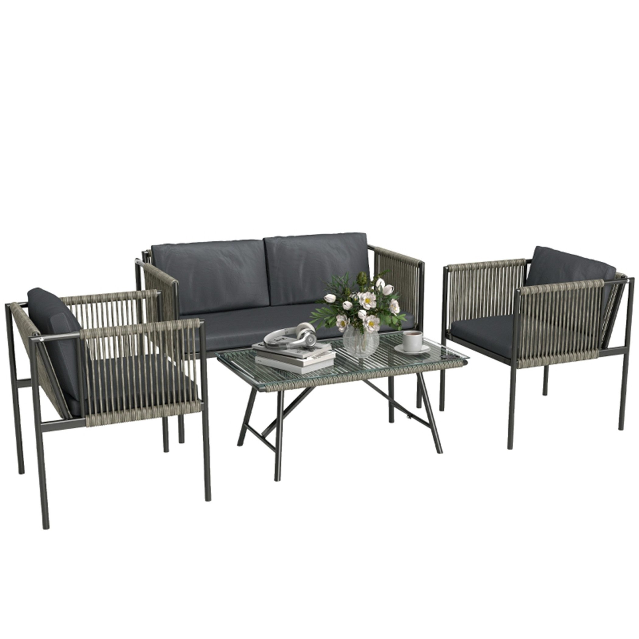 MC Star Gartenlounge-Set 4-teiliges Gartenmöbel-Set, 1 Sofa, 2 Sessel, 1 Tisch, (mit Glasplatte, Kissen, Stahlrahmen, Kunststoff-Rattan, Grau)