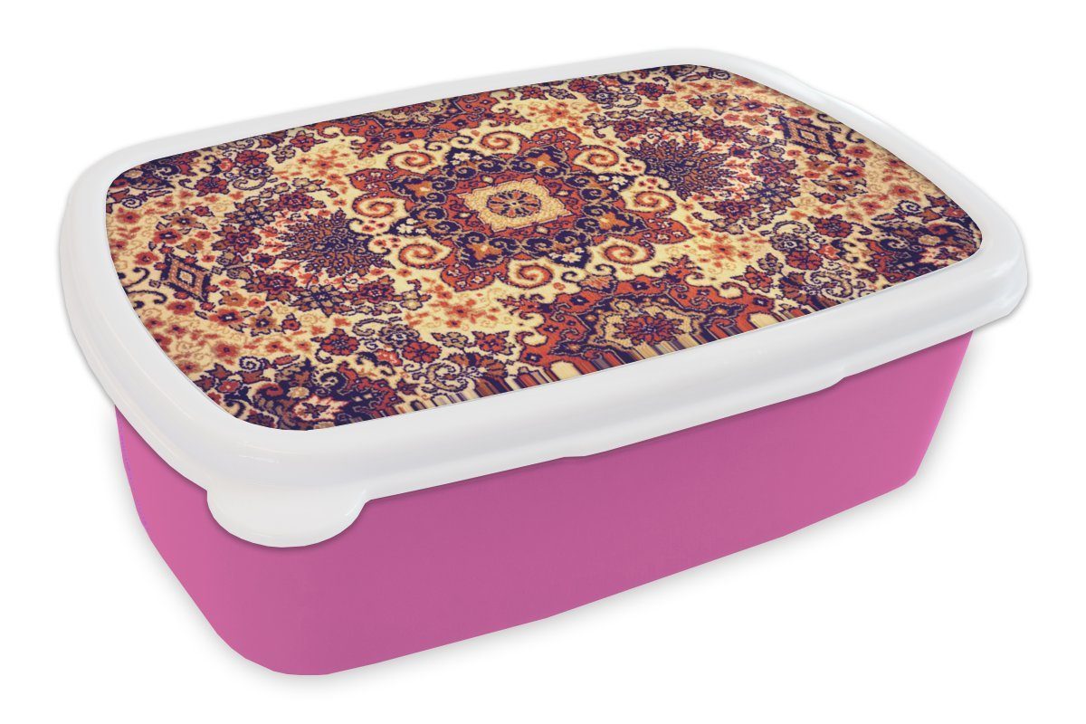 MuchoWow Lunchbox Teppich - Muster - Mandala - Gelb, Kunststoff, (2-tlg), Brotbox für Erwachsene, Brotdose Kinder, Snackbox, Mädchen, Kunststoff rosa