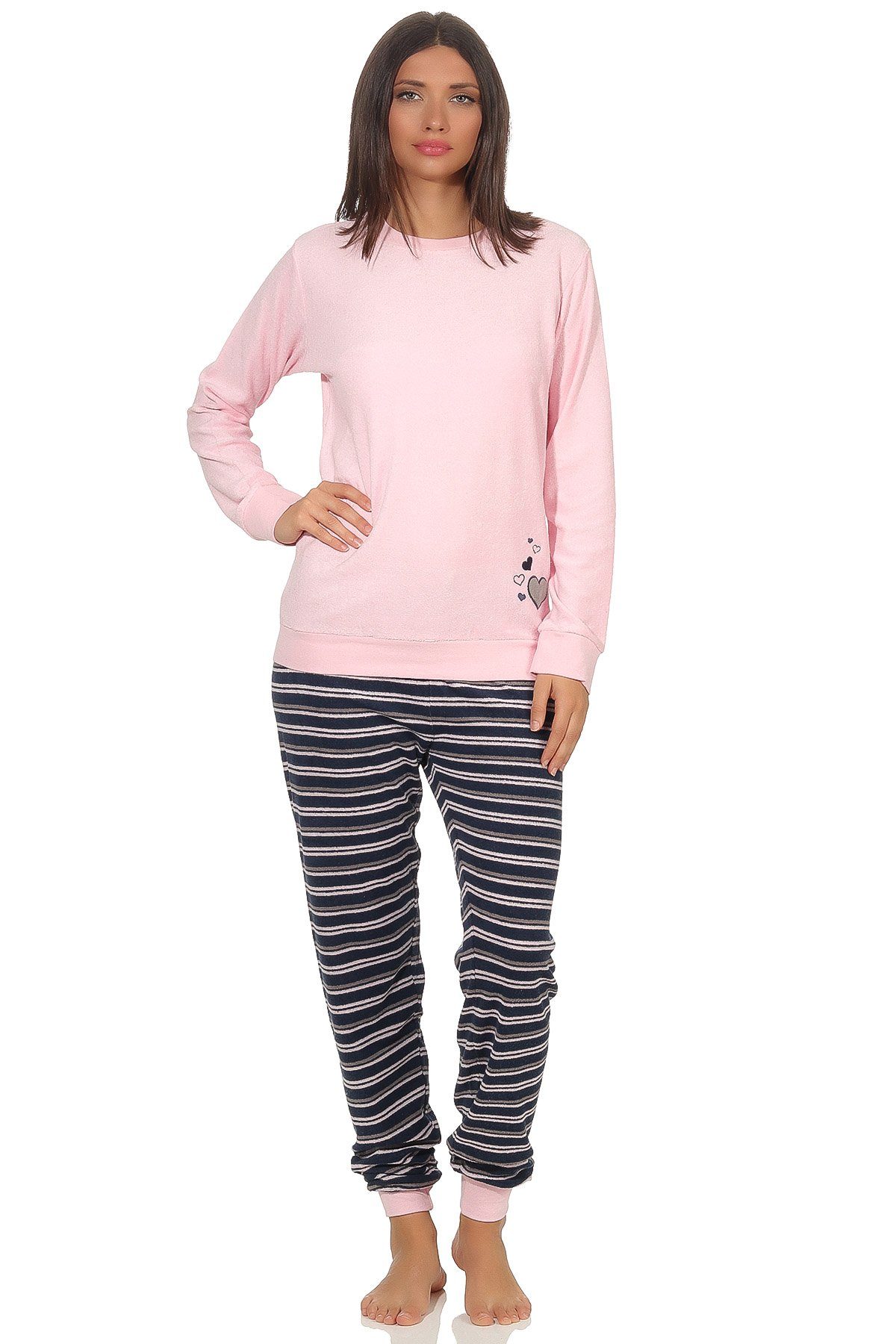 RELAX by Normann Pyjama Damen - Bündchen 570 291 Frottee 13 und rosa Motiv Schlafanzug mit Herz