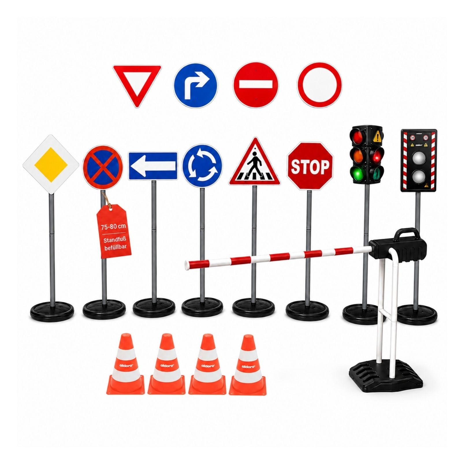 alldoro Spiel-Verkehrszeichen XXL Verkehrsset mit 10 Schildern, Ampel, Blitzer, Schranke & 4 Pylonen, 75-80 cm, Standfüße befüllbar, für Verkehrserziehung und Rollenspiele
