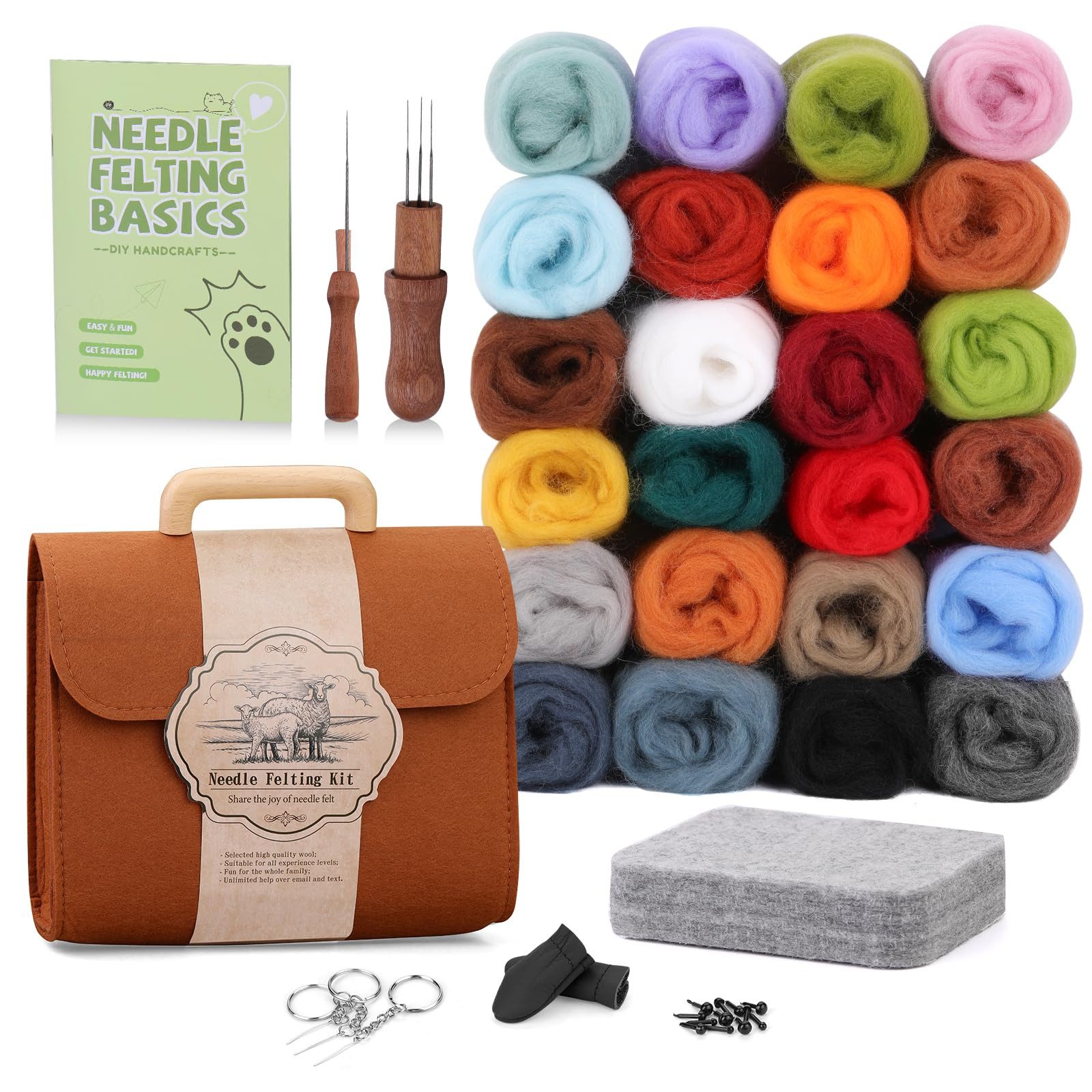 Zaewry Kreativset Nadelfilzset in 24 Farben, Nadelfilzzubehör Mit Aufbewahrungstasche, Wollfilzset, Filznadeln, Nadelfilzunterlage Für DIY-Basteldekoration