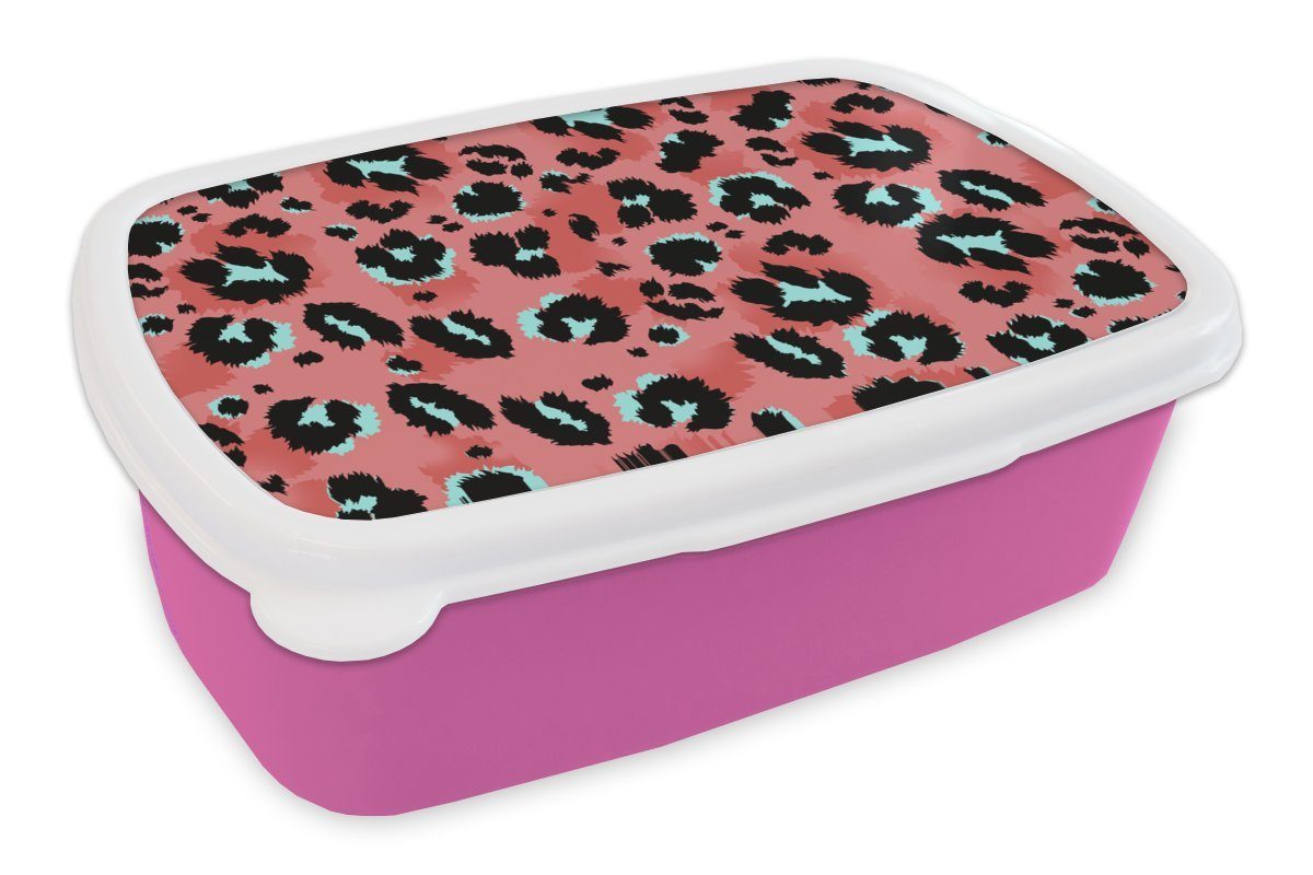MuchoWow Lunchbox Pantherdruck - Rosa - Blau - Muster, Kunststoff, (2-tlg), Brotbox für Erwachsene, Brotdose Kinder, Snackbox, Mädchen, Kunststoff