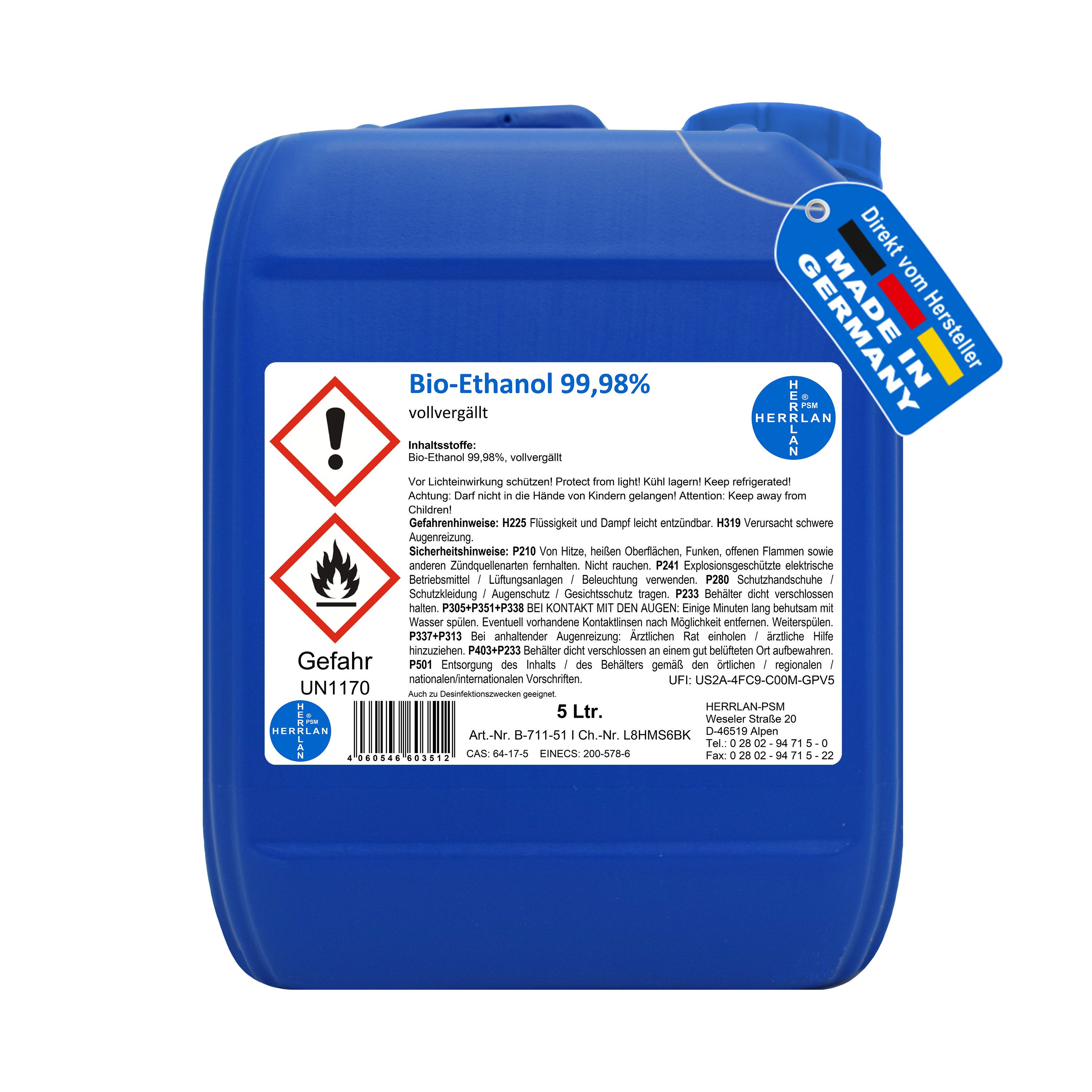 HERRLAN Bioethanol Kamin-Ethanol, 99,98% Alkohol-Gehalt, wasserfrei, 5 l, i günstig online kaufen