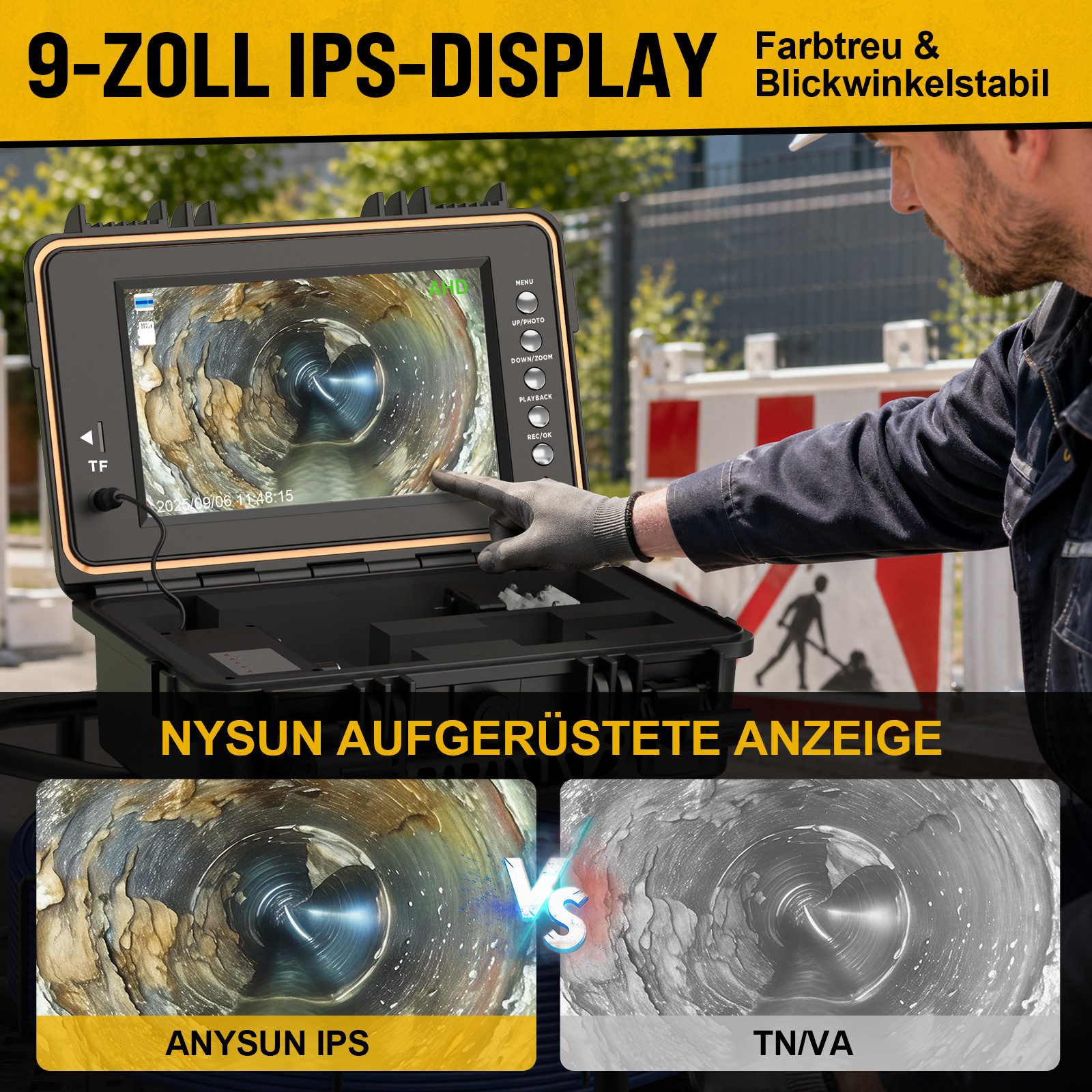 ANYSUN Rohrkamera 30/50 m, 1080P Endoskopkamera, Self-Leveling, 9-Zoll IPS Inspektionskamera (HD, Endoskop, Ladegerat, Anschlusskabel, mit Selbstnivellierung &  – Bild 5 von 5