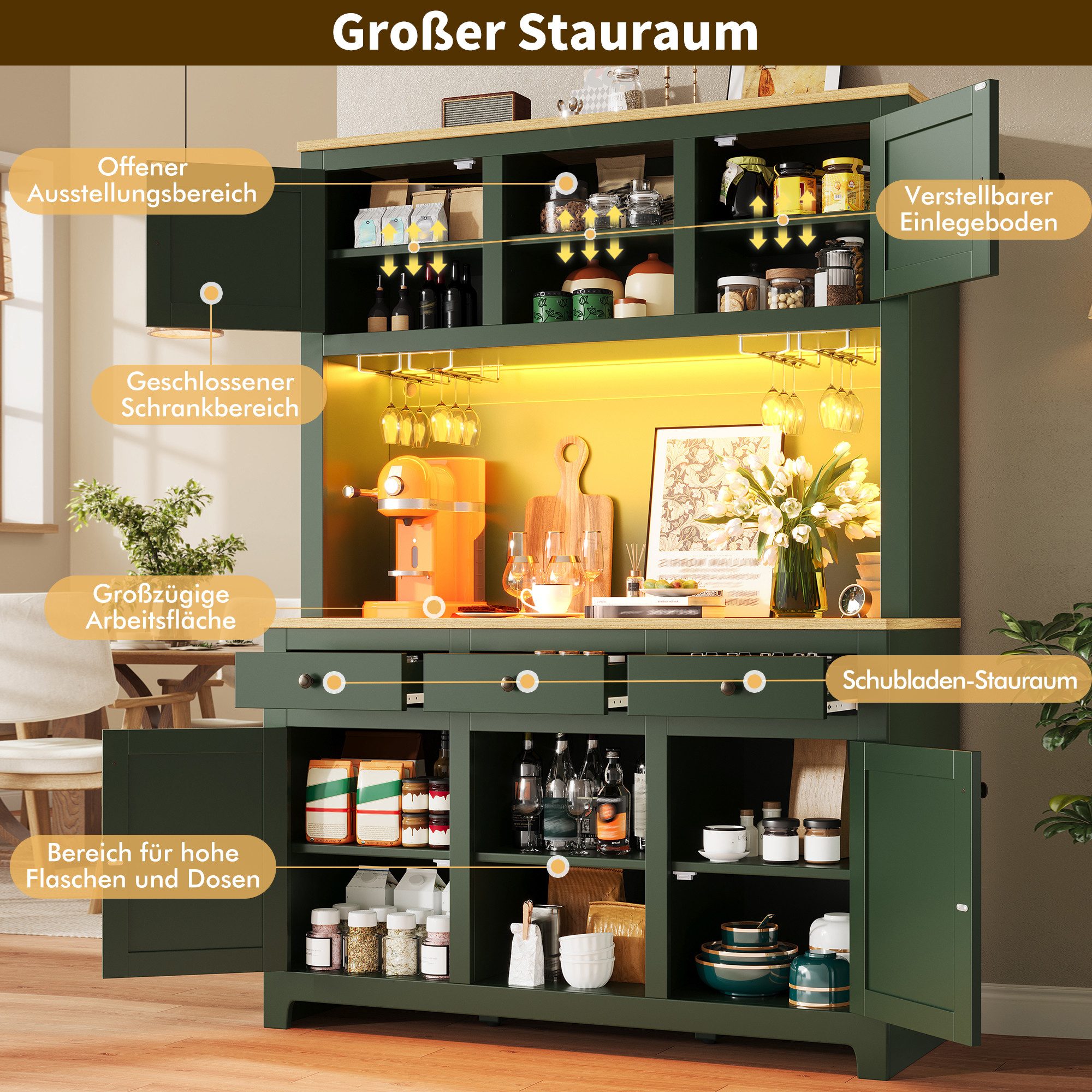 Celya Hochschrank mit Lichtsystem und Kippsicherung (120×40×180cm, PE Rattan Schrank mit verstellbaren Böden und Schubladen) für Küche, Wohnzimmer, Esszimmer