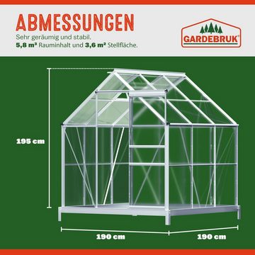 Gardebruk Gewächshaus, Aluminium 3,6m² mit Fundament 190x190cm inkl. Dachfenster Treibhaus