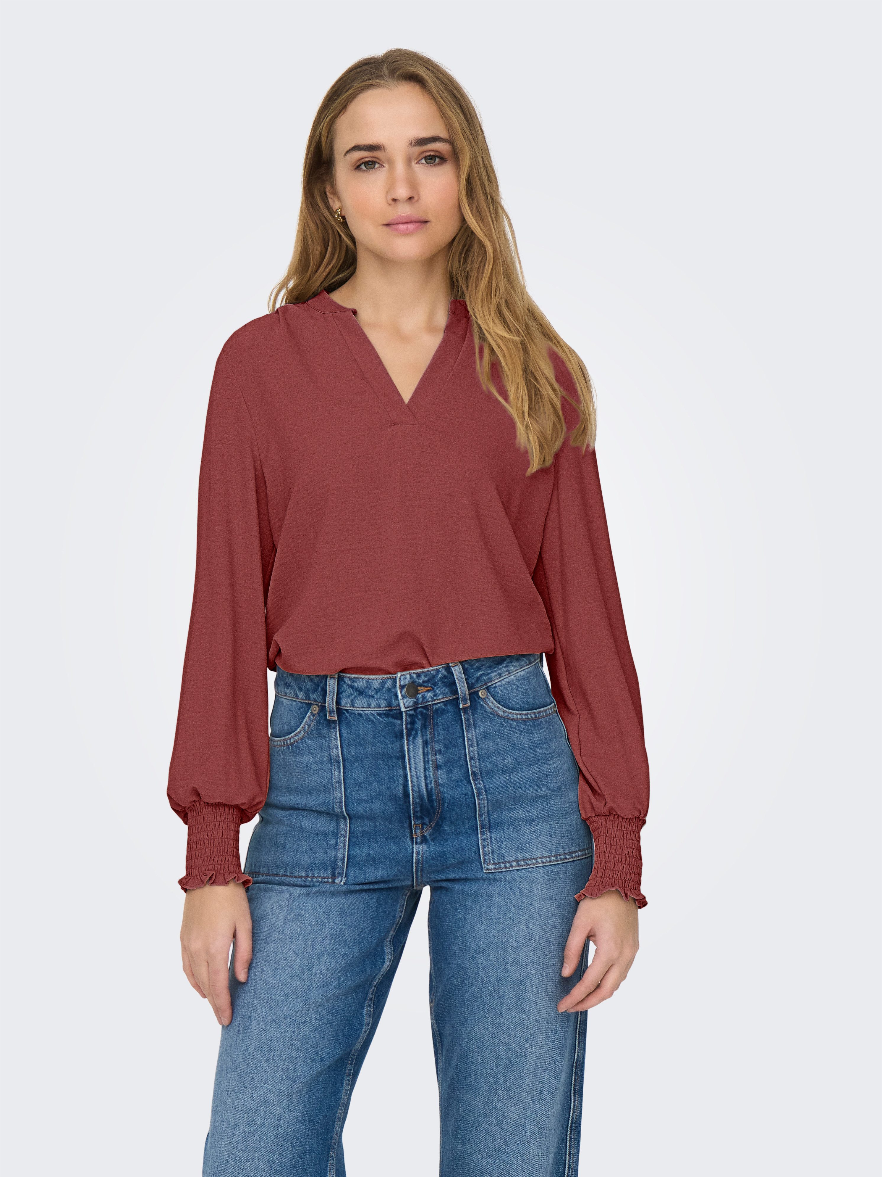 ONLY Blusenshirt ONLMETTE V-NECK LS SMOCK TOP NOOS WVN Kunstfaser, regular fit