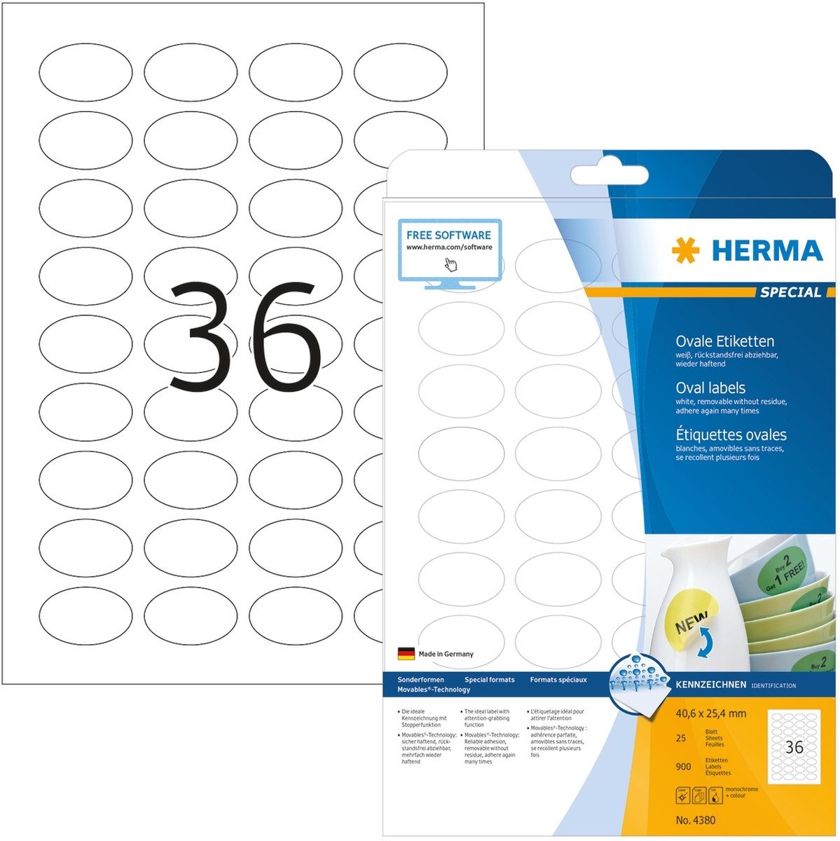 HERMA Etiketten Etiketten weiß Movables/ablösbar 40,6x25,4mm oval Special A4