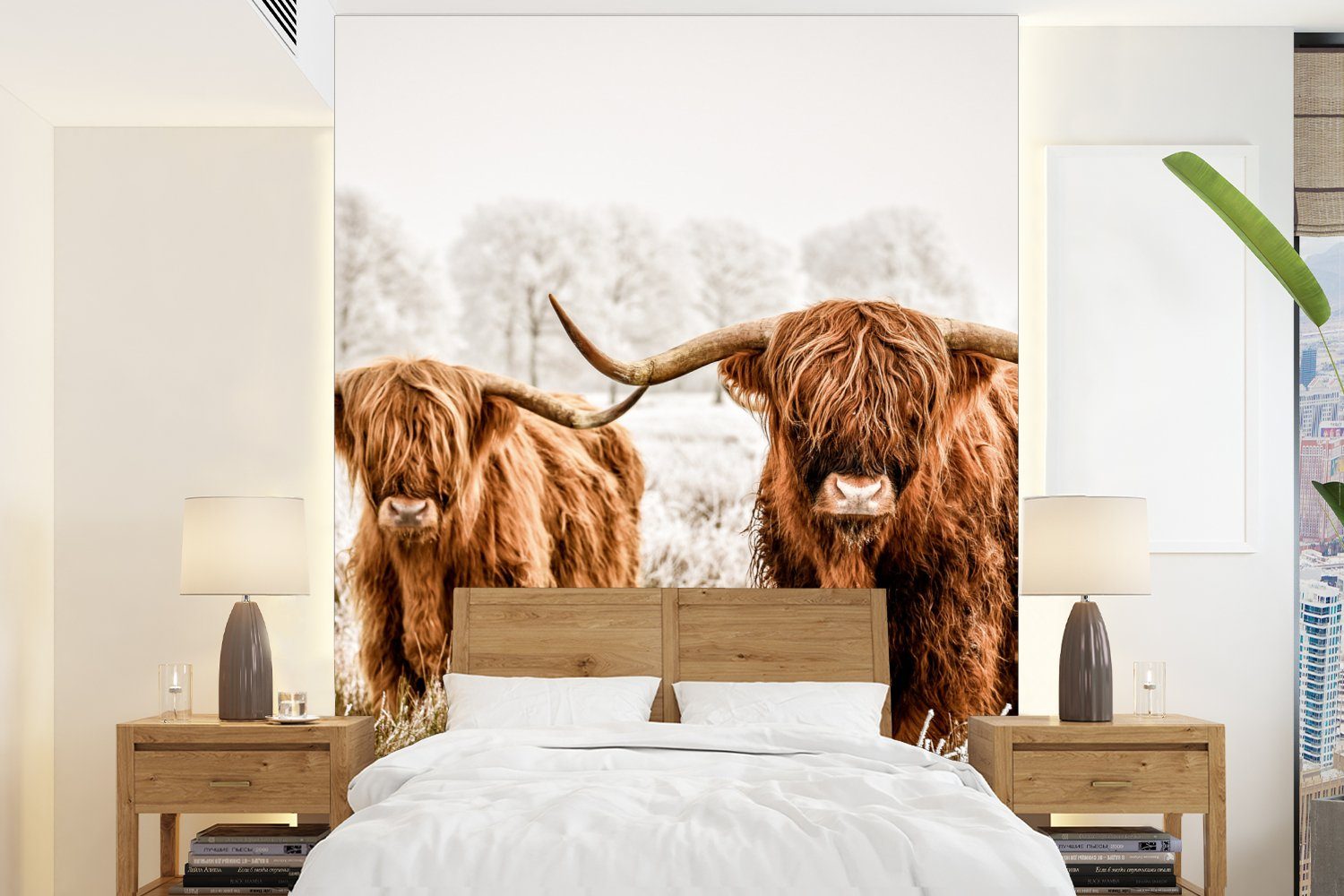 MuchoWow Fototapete Schottischer Highlander - Kuh - Tiere, Matt, bedruckt, (4 St), Montagefertig Vinyl Tapete für Wohnzimmer, Wandtapete