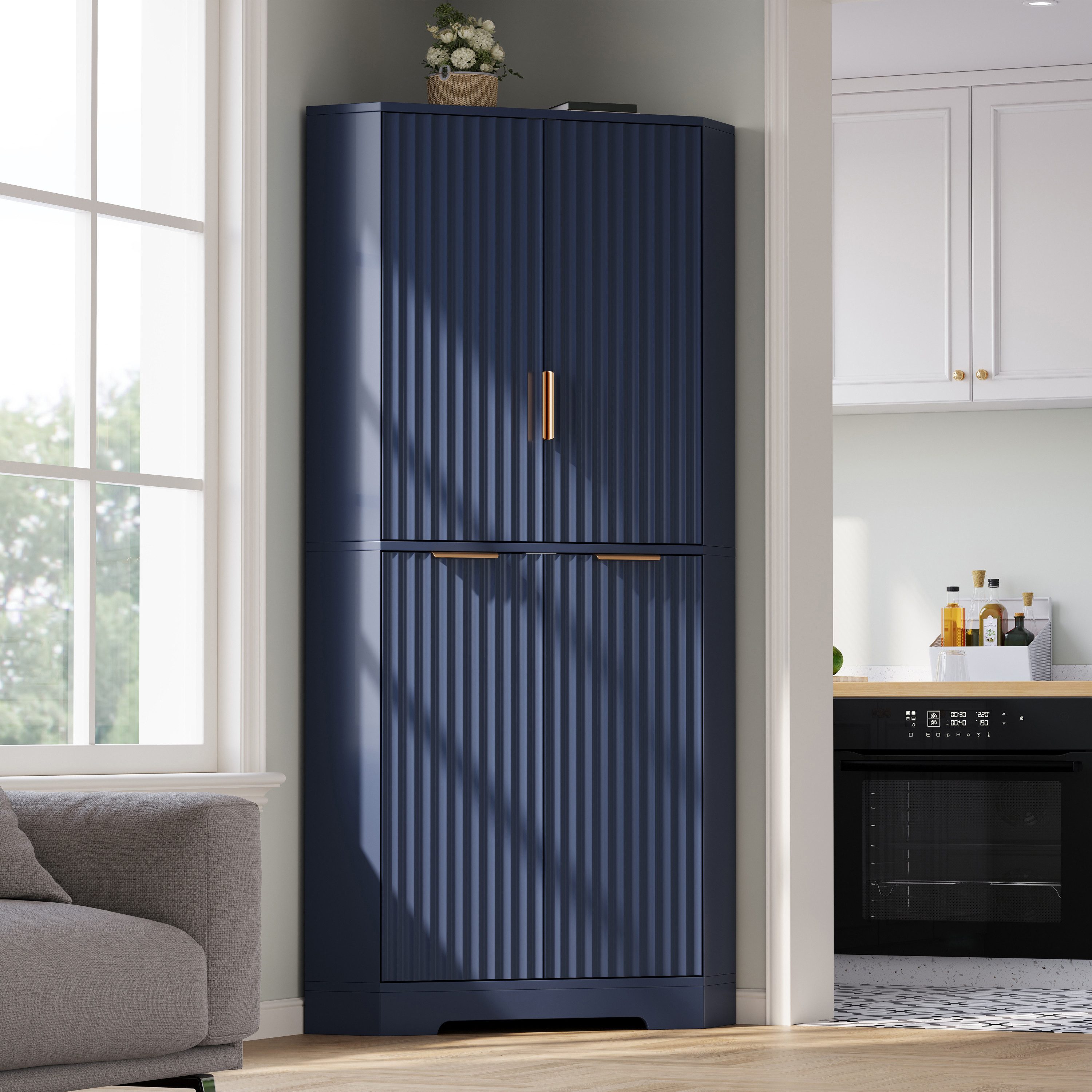 Flieks Eckschrank multifunktionaler Hochschrank mit 4 Türen, verstellbaren Einlegeböden (60×60×172 cm, 1-St., Schrank für Esszimmer, Wohnzimmer, Schlafzimmer, Badezimmer) Eckkommode Mehrzweckschrank Badkommode mit 4 Fächern Dunkelblau