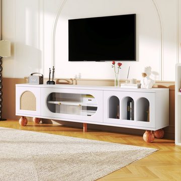 OKWISH TV-Schrank TV-Möbel Fernsehtisch Lowboard mit Glasschiebetüren, Rattantür, Stauraum, Fernsehtisch