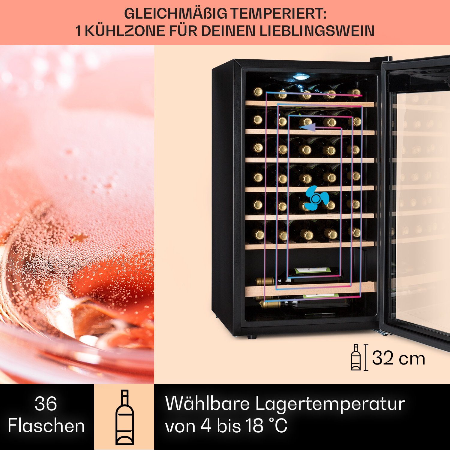 Klarstein Weinschrank á 36 Flaschenkühlschrank für 32 Standardflaschen Weintemperierschrank 0,75l,Wein Uno, Kühlschrank Vinamour Weinkühlschrank