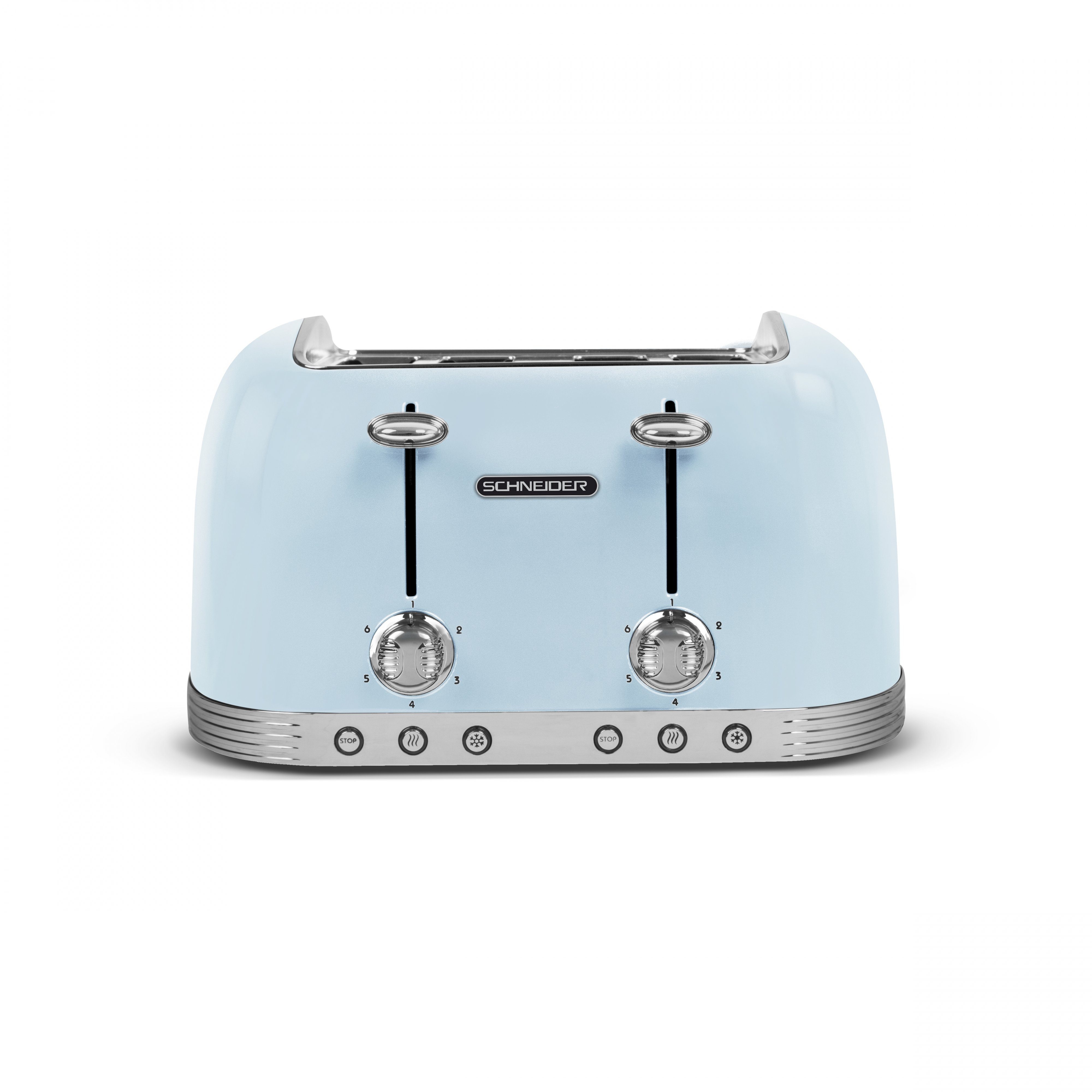 SCHNEIDER Toaster Vintage 6 Stufen Krümelschublade, 4 kurze Schlitze, für 4 Scheiben, 1630 W, Auftau- und Aufwärm-Funktion, Überhitzungsschutz vintage blau
