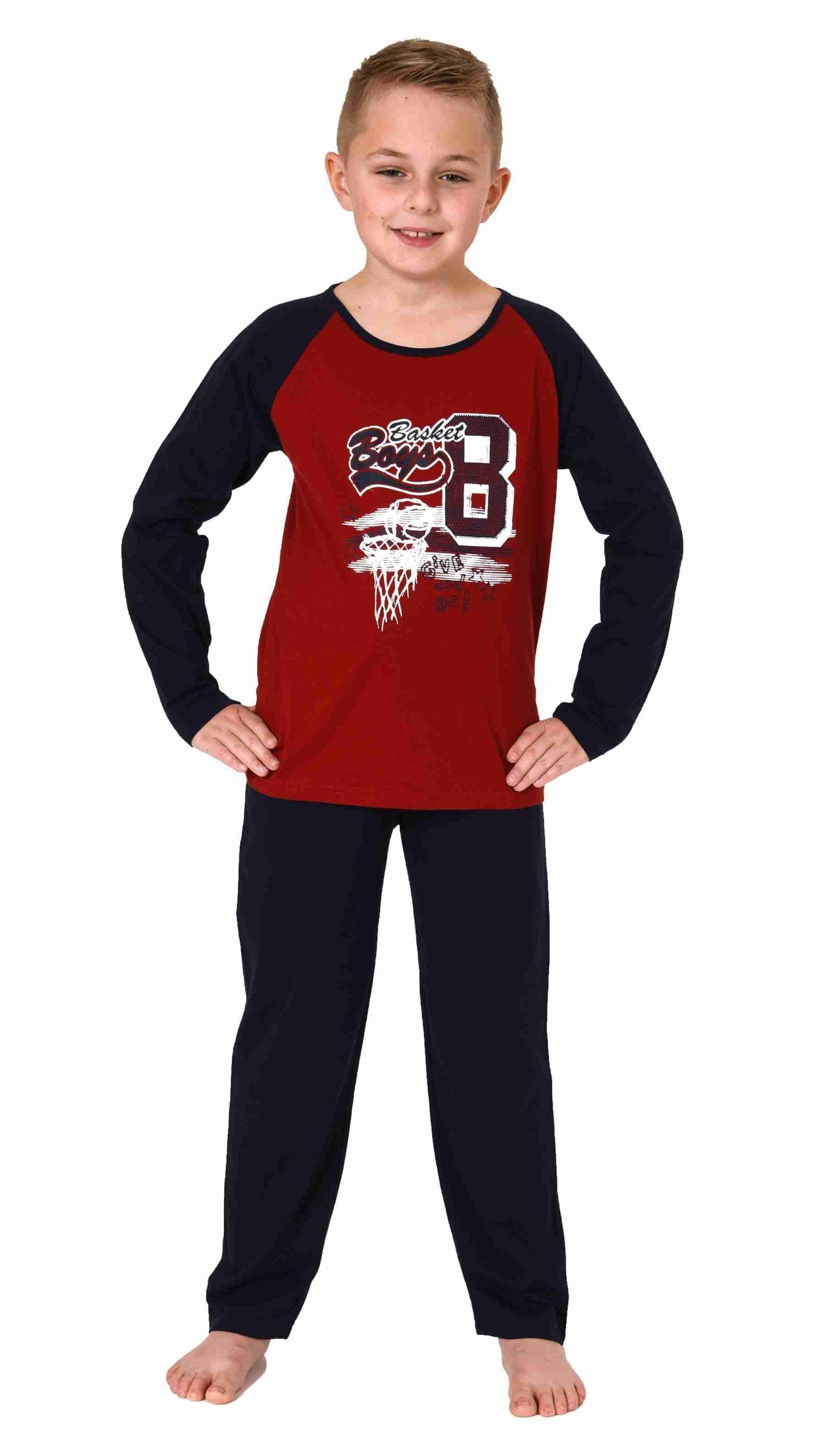 Normann Pyjama Jungen langarm Schlafanzug mit coolen Basketball-Motiv rot