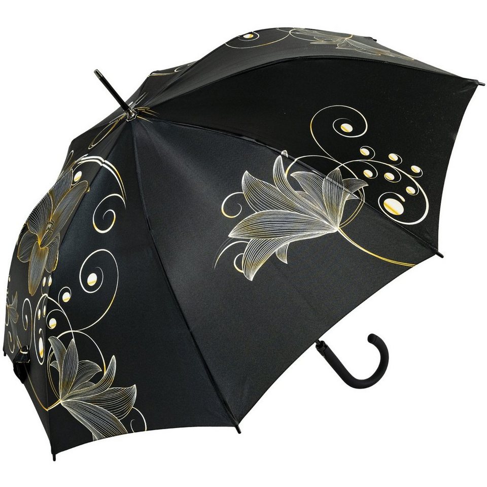 doppler® Langregenschirm Damen-Regenschirm groß und stabil mit Automatik,  Golden Flower - mit goldenem Blumen-Design