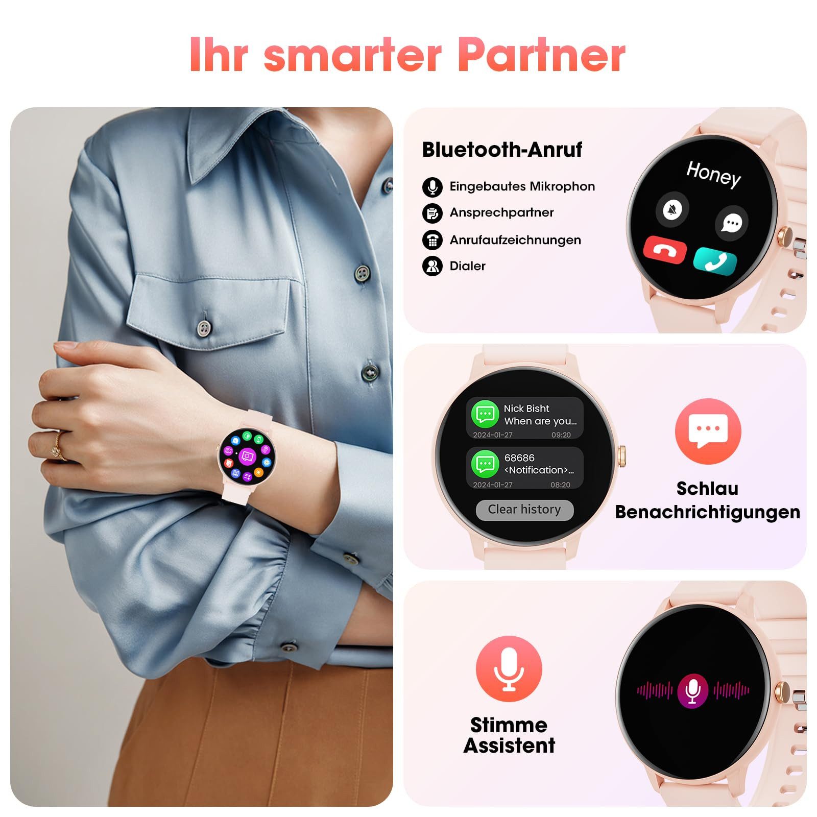 ibettertec Smartwatch Damen Herren Smartwatch (Fitnessuhr mit Telefonfunktion/WhatsApp Notiz,Smartwatch Fitness Tracker Uhr IP67 Wasserdicht,1.7" HD Voll Touchscreen Fitnessuhr Tracker mit Blutsauerstoff/Pulsmesser/Sportuhr/Schrittzähler/Schlafmonitor Aktivitätstracker usw für iOS/Android Uhren Watch cm)