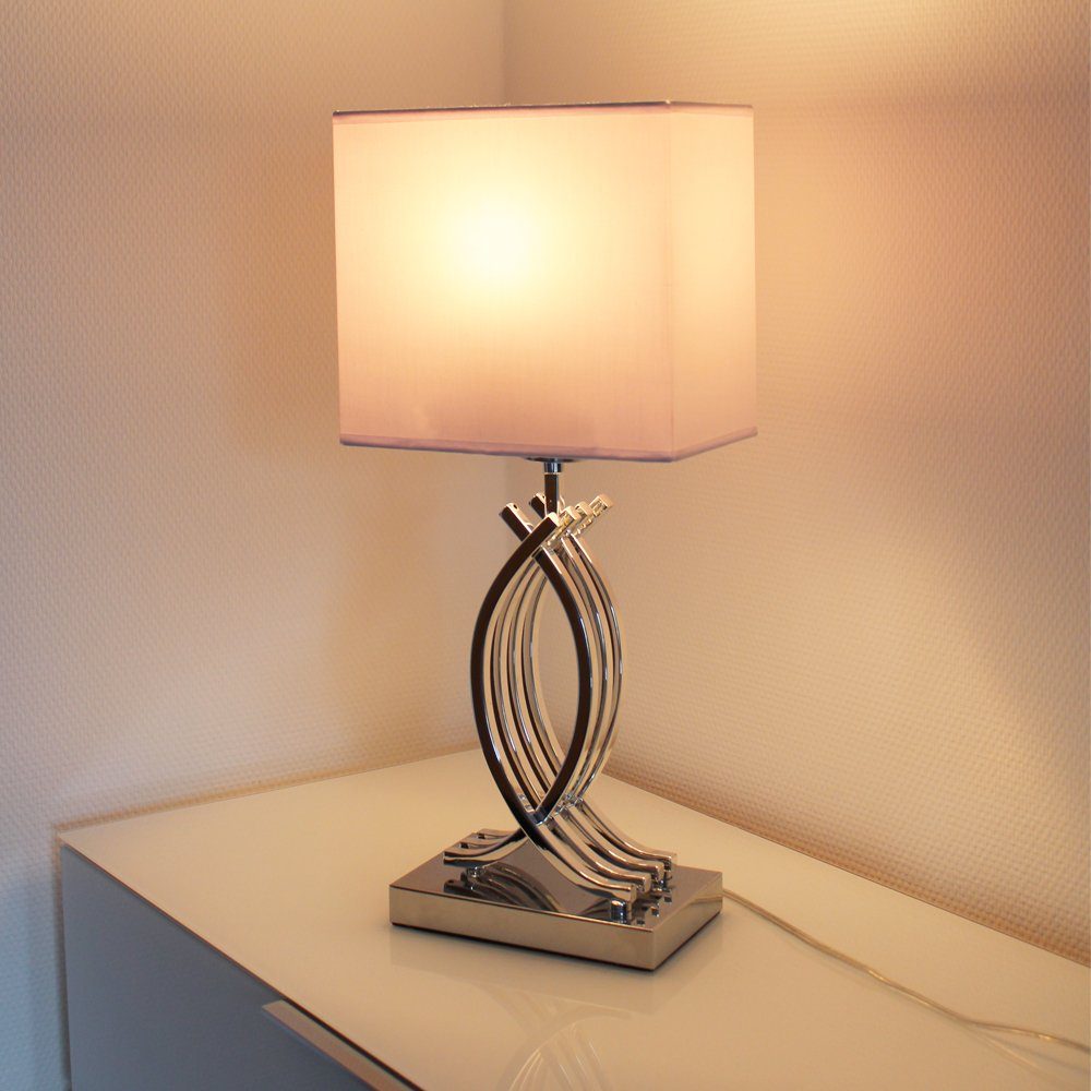 Arnusa Tischleuchte Moderne Tischlampe chrom farben silber Nachttischlampe, ohne Leuchtmittel, mit Stoffschrim in weiß