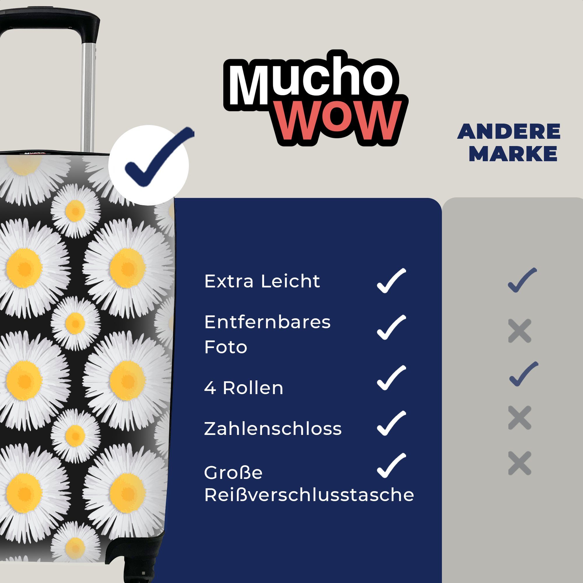 MuchoWow Handgepäckkoffer Handgepäck Mädchen mit Ferien, rollen, - Blumen Rollen, Kinder, - Kinder für Reisetasche Trolley, Reisekoffer - - - Gänseblümchen 4 Muster