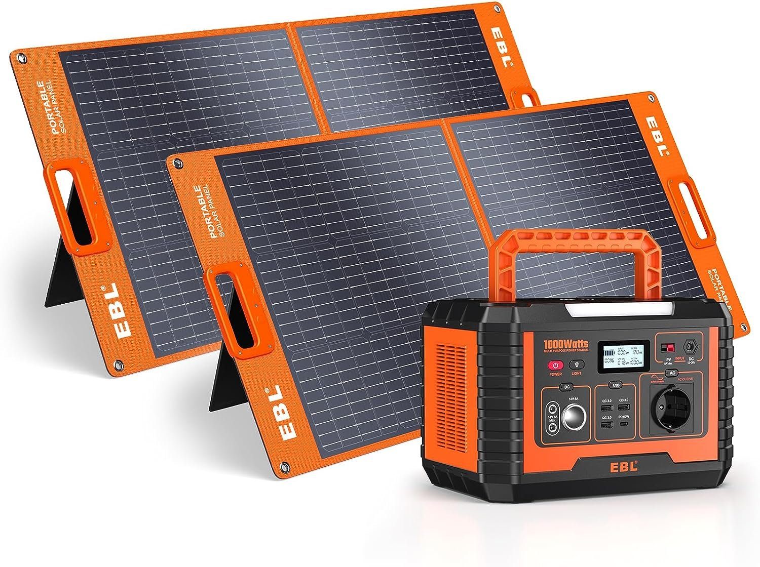EBL Stromerzeuger Solargenerator 1000W und 2x100W Solarpanel Tragbare Powerstation, 1,00 in kW, (1-tlg), für Outdoor-Camping, Notfall zu Hause, Wohnmobil