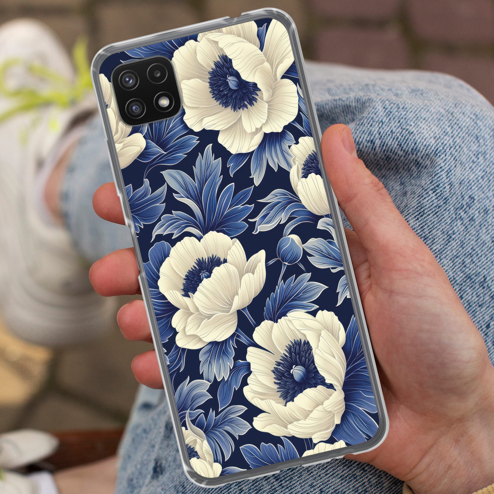 MuchoWow Handyhülle für Samsung Galaxy A22 5G Blumen - Muster - Blau - Weiß, Smartphone-Bumper, Print, Handy Schutzhülle Dünn