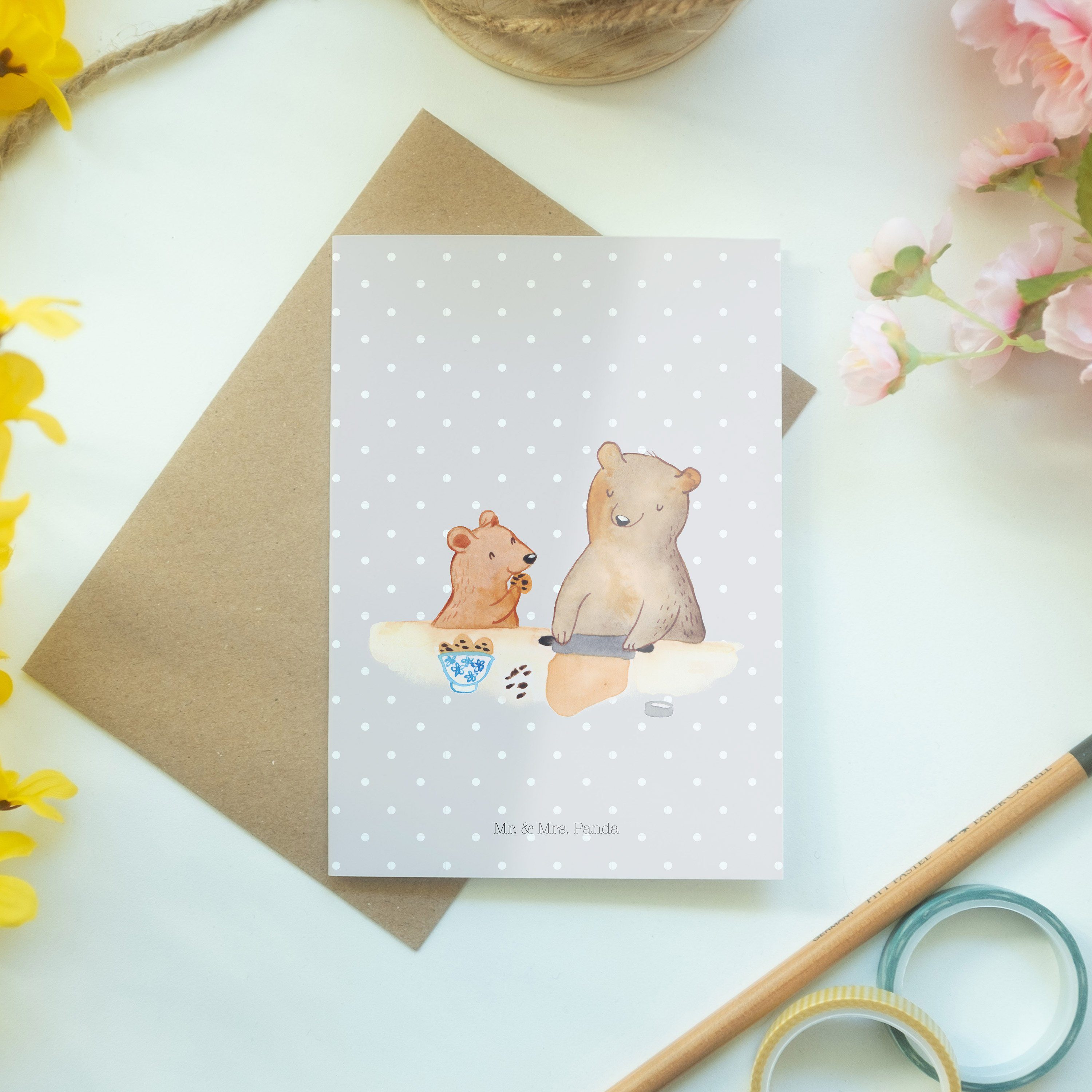 Mr. & Mrs. Panda Enkelkind, Grau - - Bär Grußkarte Glückwuns Karte, Pastell Geschenk, backen Oma