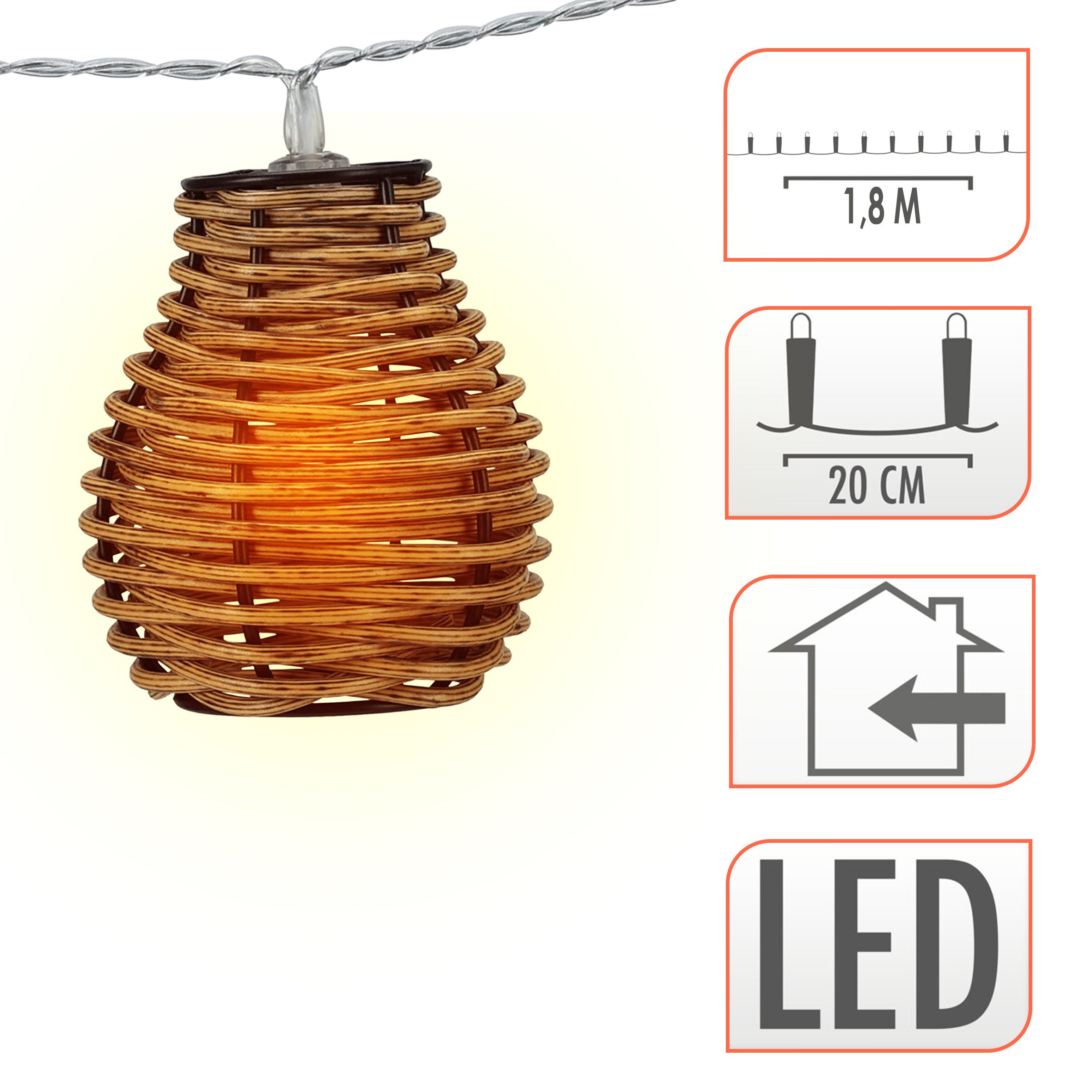 Spetebo LED-Lichterkette LED Rattan Lichterkette warm weiß - 10 LED / 180 cm, 10-flammig, Batterie betriebene Deko Lichterkette warm weiß für Innen