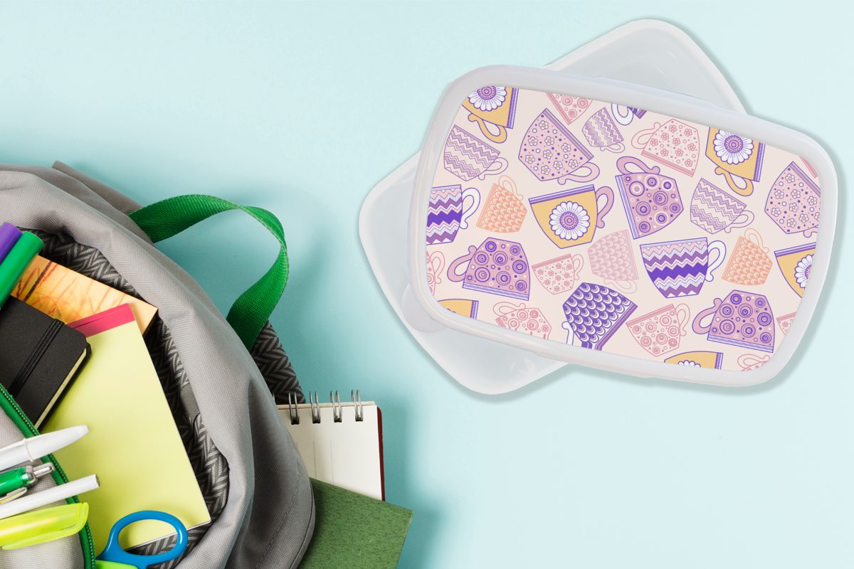 - und Lunchbox Kunststoff, Muster Erwachsene, (2-tlg), Jungs Kinder - Tee, für Mädchen und MuchoWow weiß Brotdose, Teetassen für Brotbox