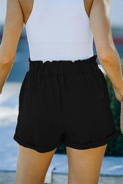 AFAZ New Trading UG Shorts Schwarze Sommer-Shorts mit lockerer Taille und Bindetasche Einfarbige Freizeit Shorts für Damen mit hoher Taille