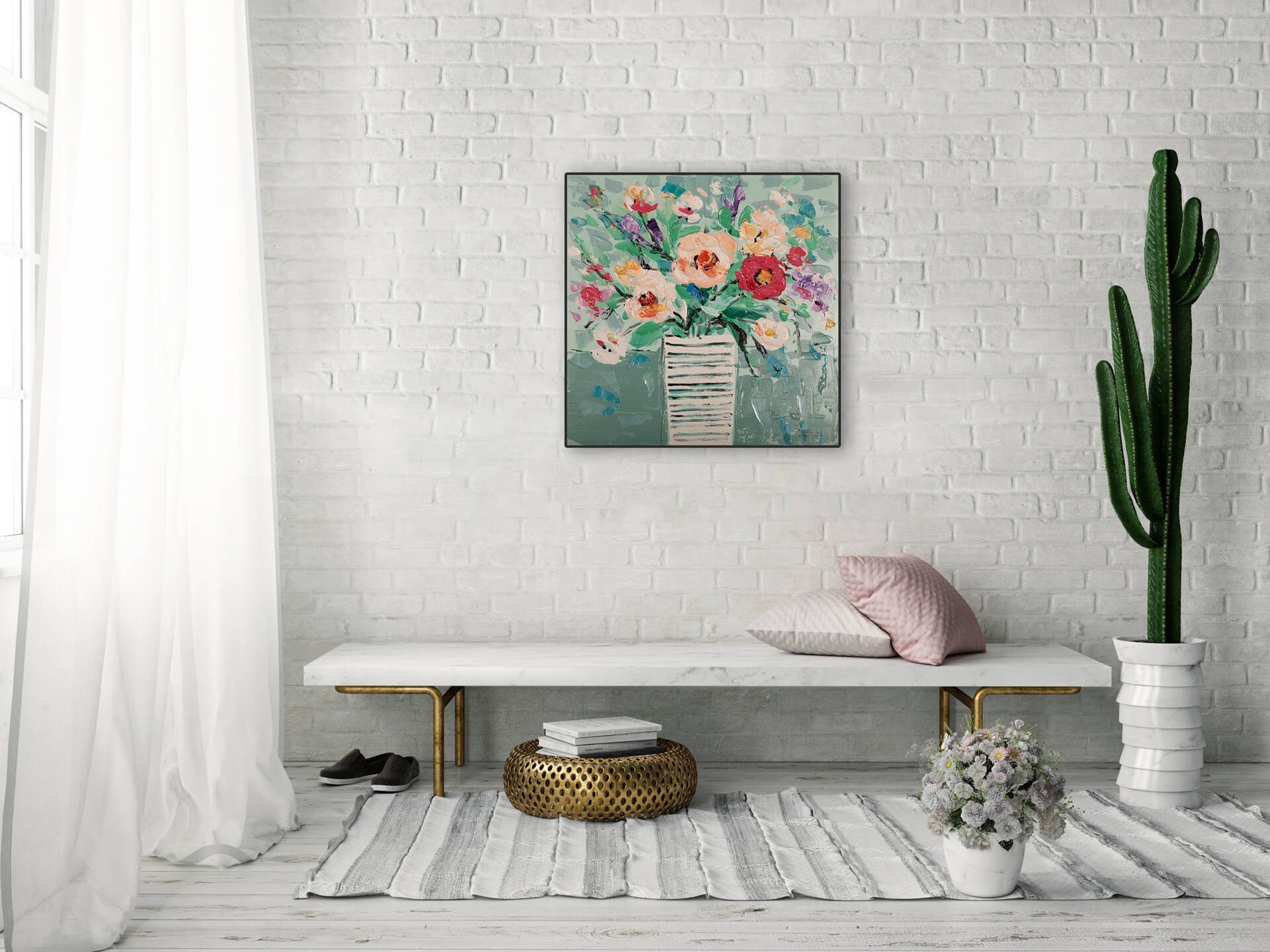 Gemälde der Bouquet Wandbild KUNSTLOFT cm, Wohnzimmer Freude 100% 60x60 Leinwandbild HANDGEMALT